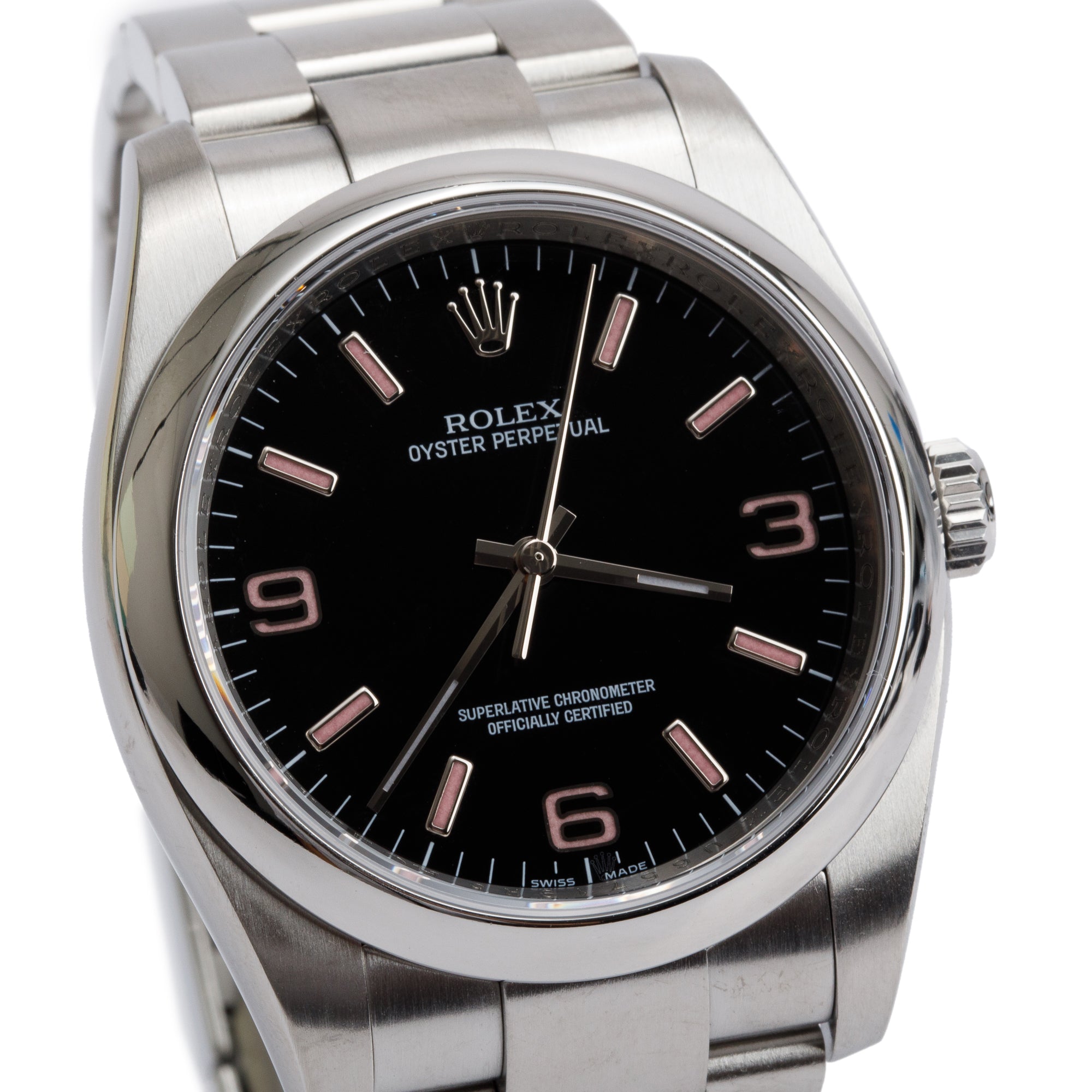 Rolex Stainless Steel Oyster Perpetual Black Dial Pink Index Markers Datejust 36MM Watch 116000 w/ Box & Papers
