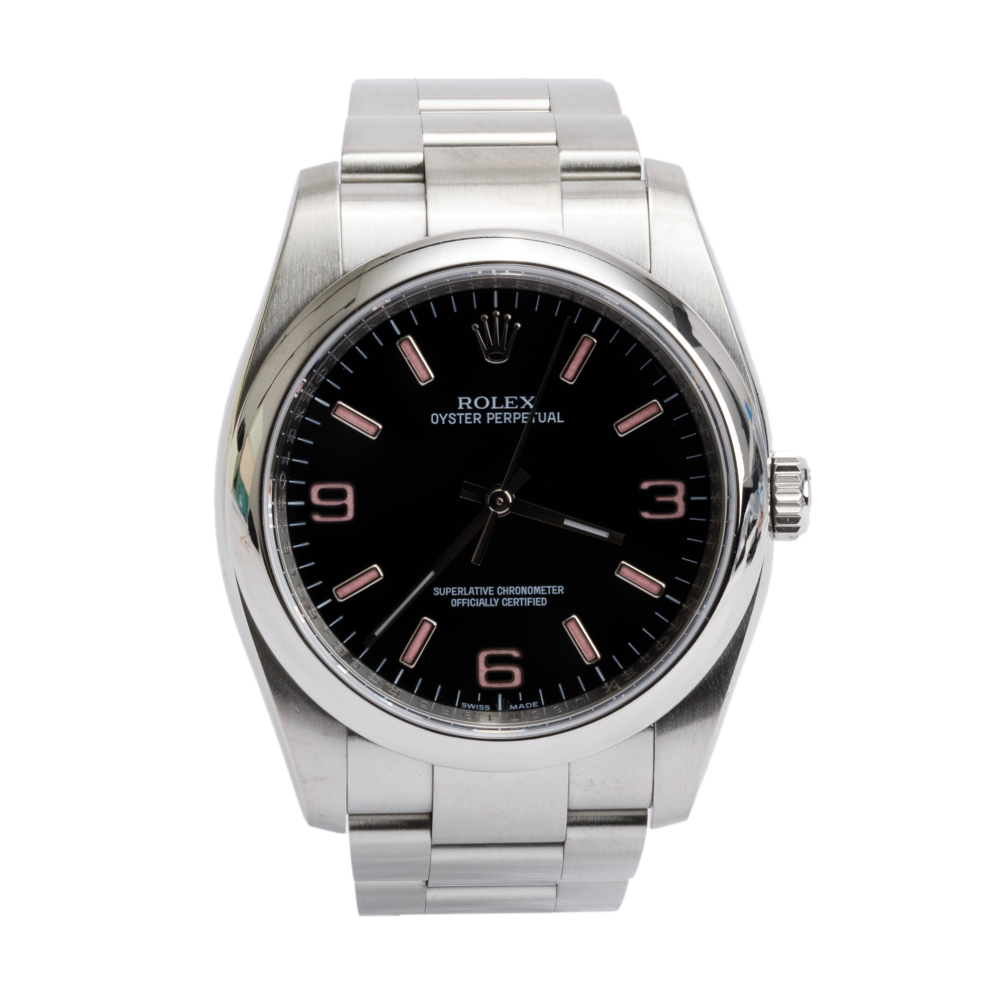 Rolex Stainless Steel Oyster Perpetual Black Dial Pink Index Markers Datejust 36MM Watch 116000 w/ Box & Papers