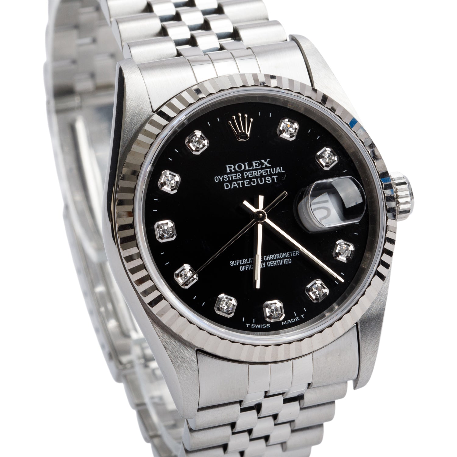 Rolex Stainless Steel Oyster Perpetual Datejust 36 MM Black Diamond Dial Watch 16234 w/ Box