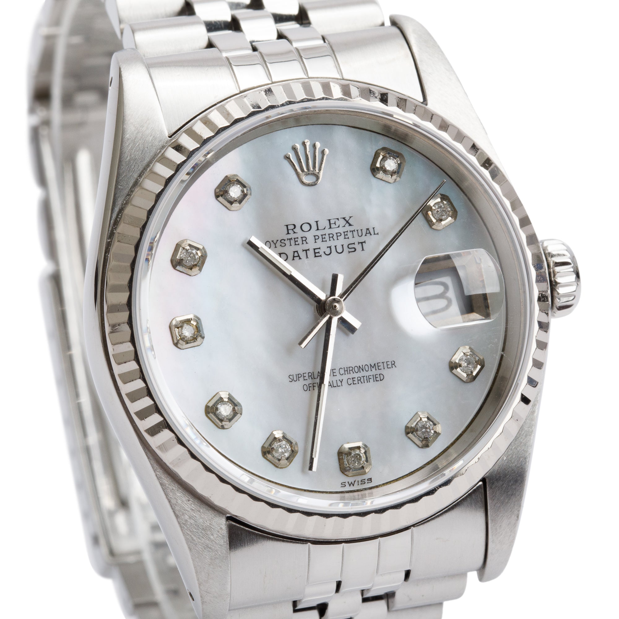 Rolex Stainless Steel Oyster Perpetual Datejust 36 MM Watch Mother of Pearl Diamond Dial 16234