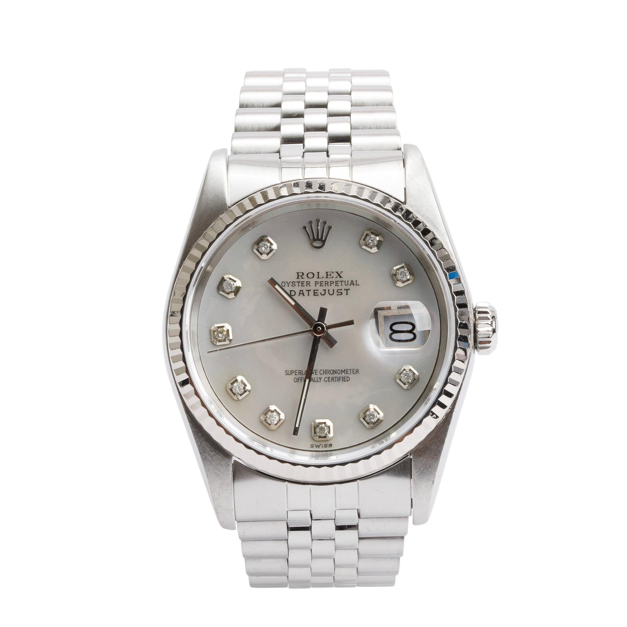 Rolex Stainless Steel Oyster Perpetual Datejust 36 MM Watch Mother of Pearl Diamond Dial 16234