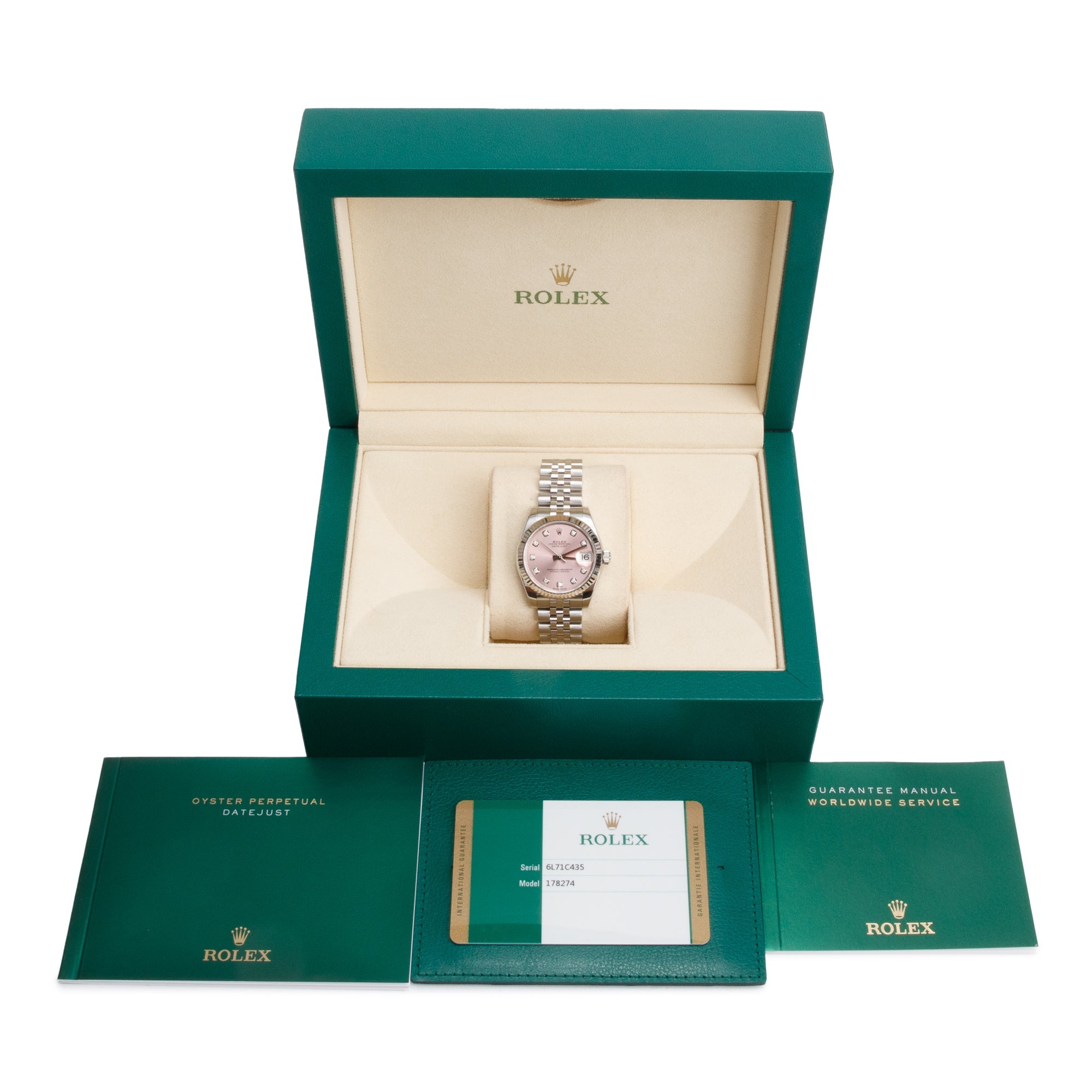 Rolex Stainless Steel Pink Diamond Dial Datejust 31 MM Watch 178274 w/ Box & Papers