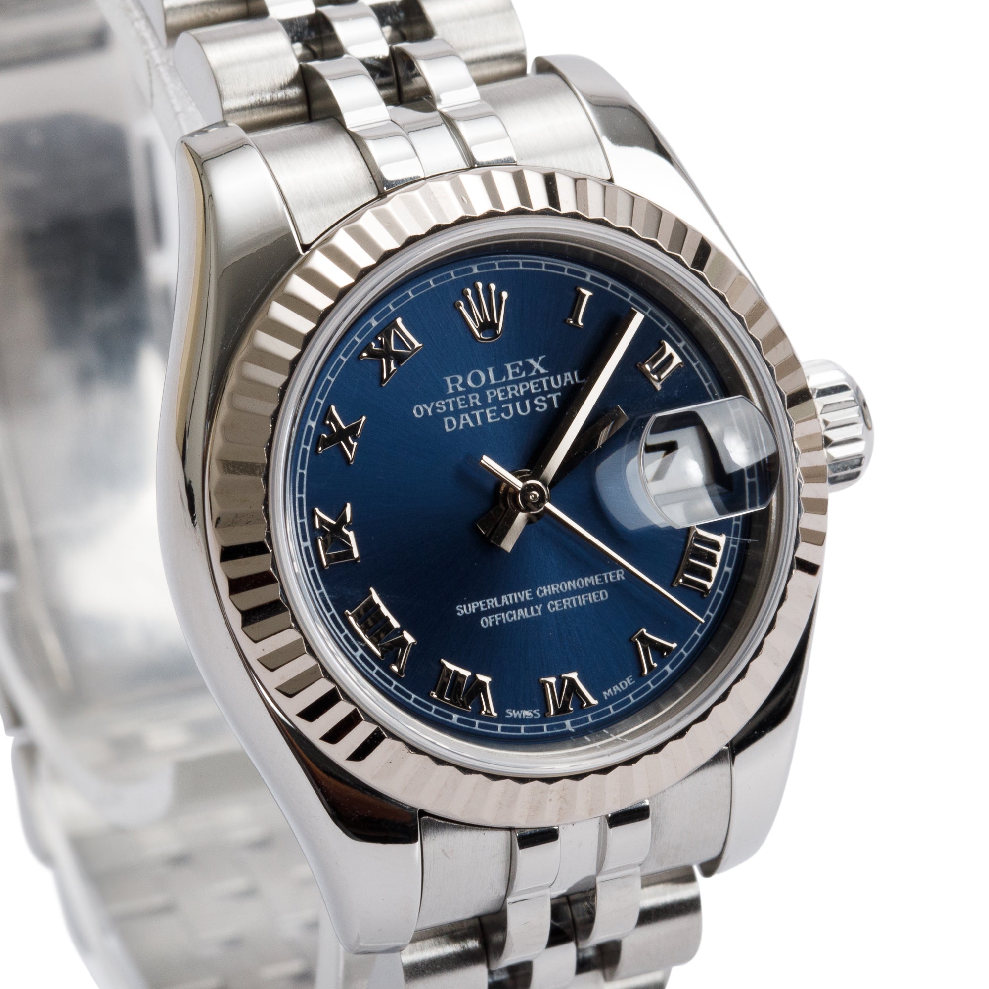 Rolex Stainless Steel Silver Blue Dial 26 MM Datejust Watch 179174 w/ Papers