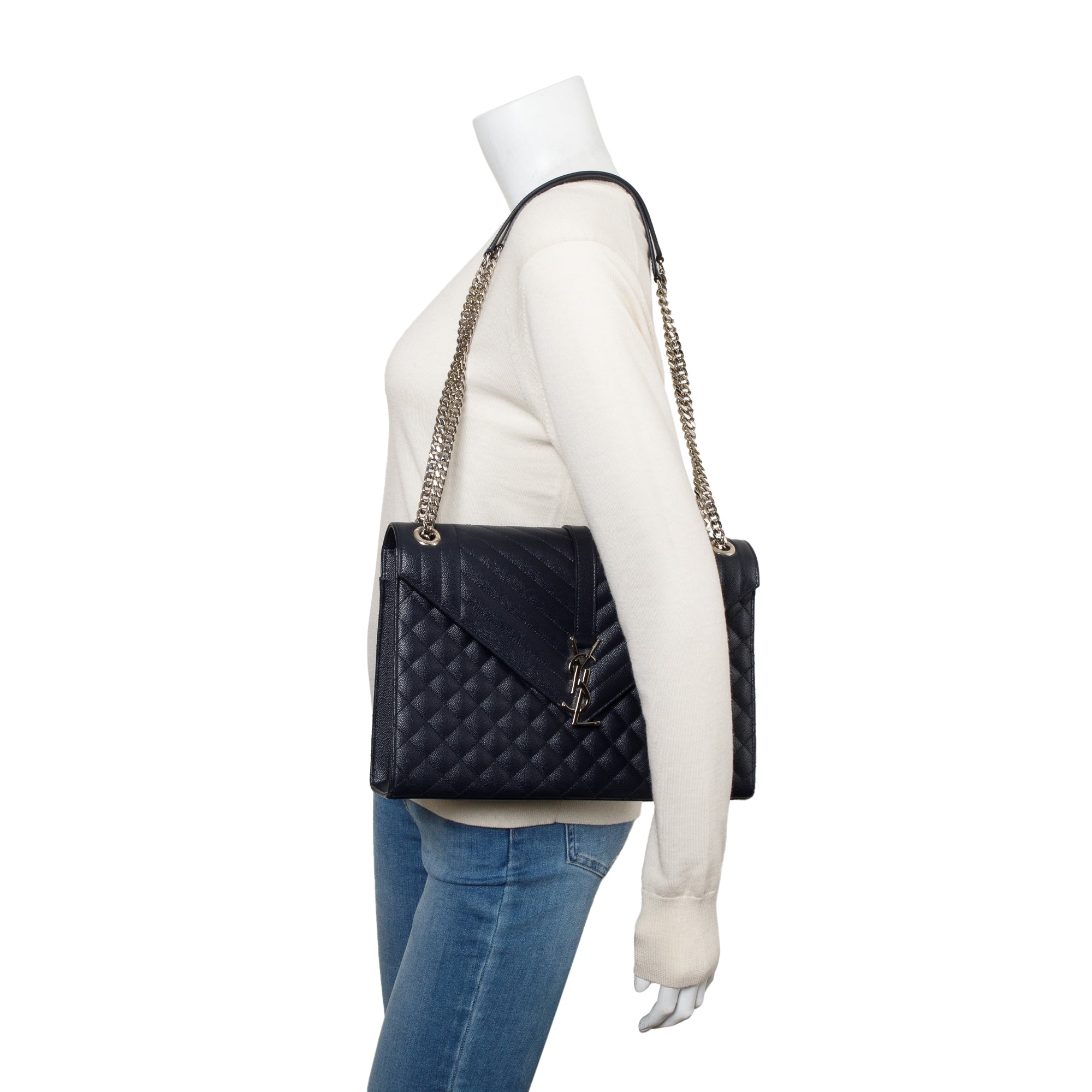 Saint Black Navy Quilted Grain De Poudre Leather Large Envelope Chain Bag