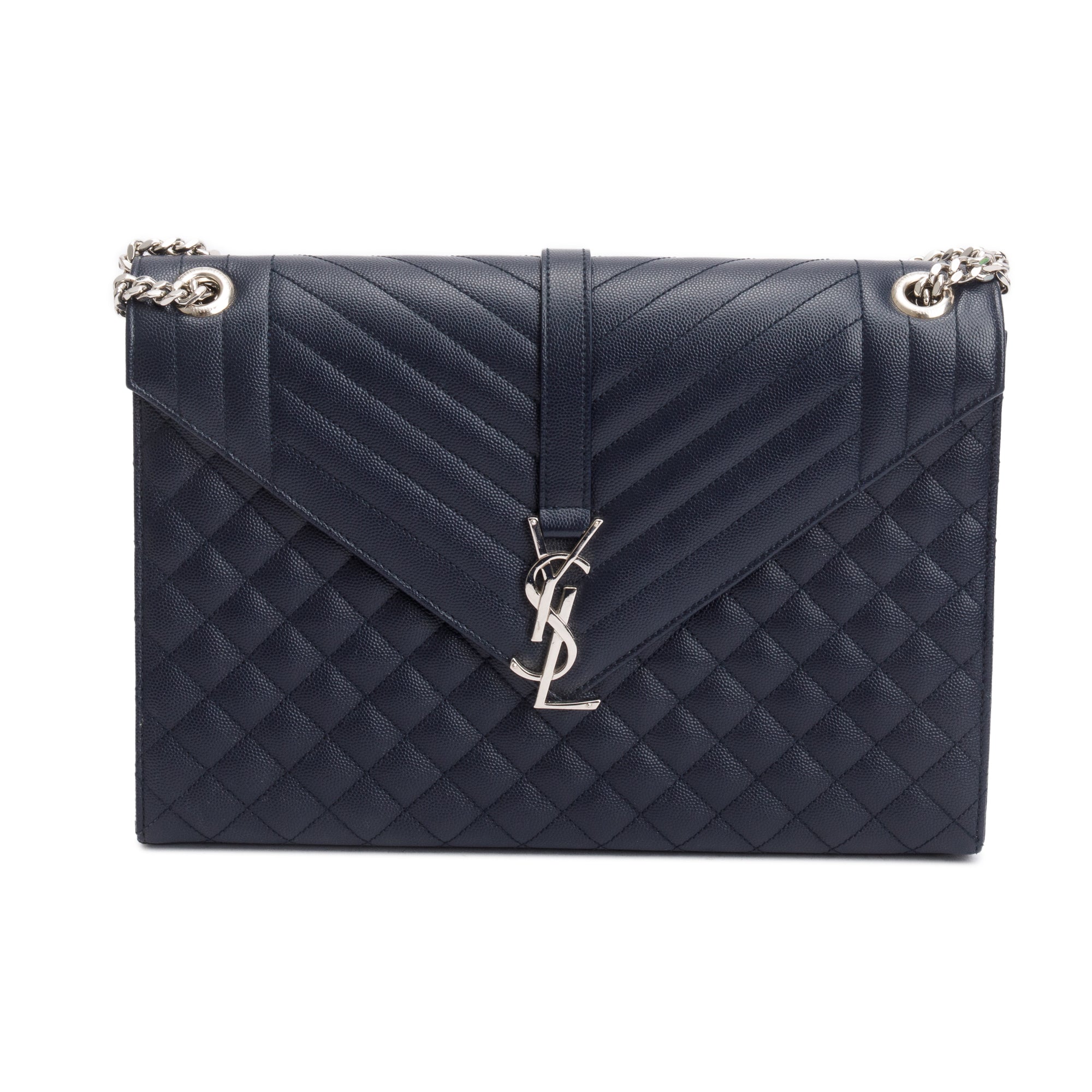 Saint Black Navy Quilted Grain De Poudre Leather Large Envelope Chain Bag