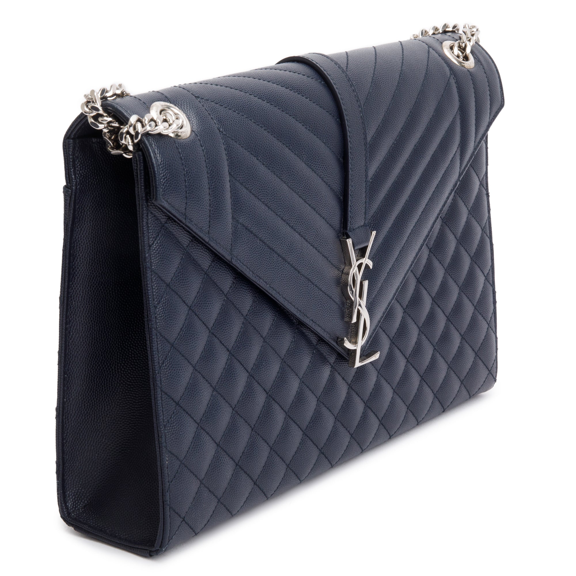 Saint Black Navy Quilted Grain De Poudre Leather Large Envelope Chain Bag