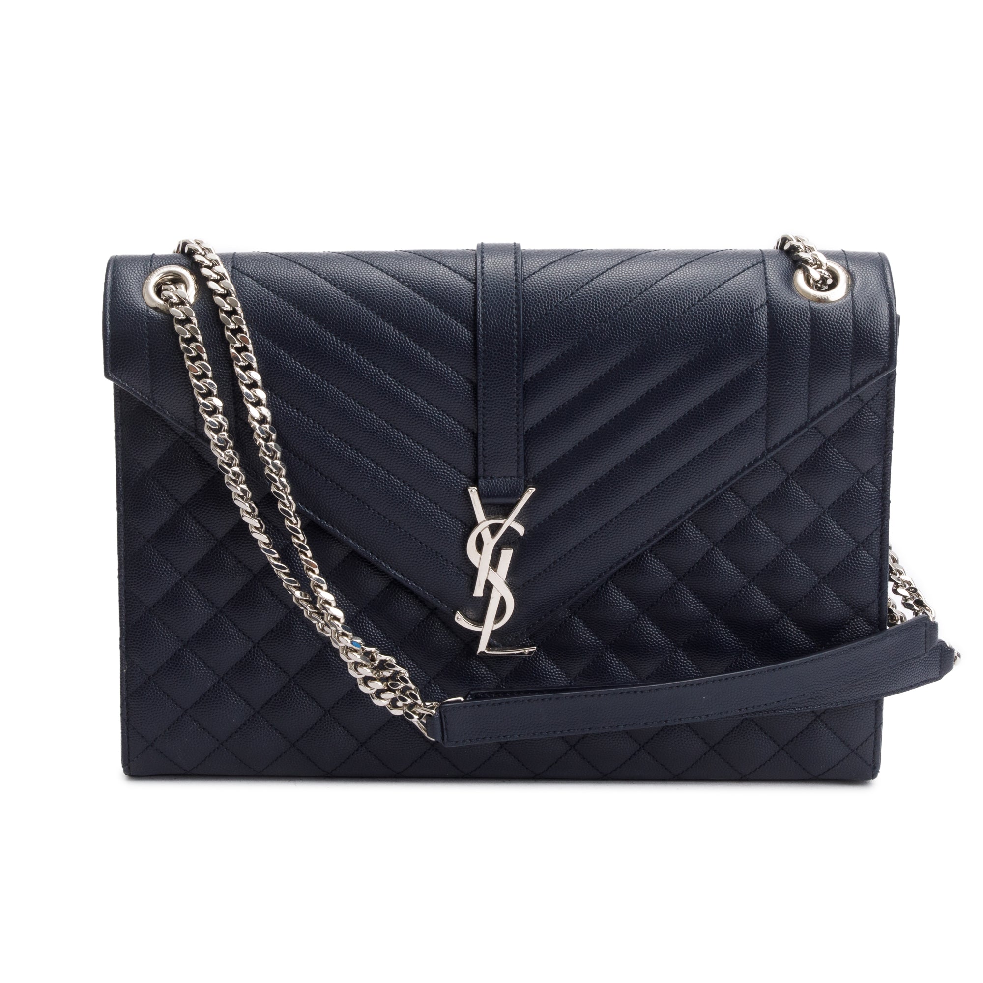 Saint Black Navy Quilted Grain De Poudre Leather Large Envelope Chain Bag