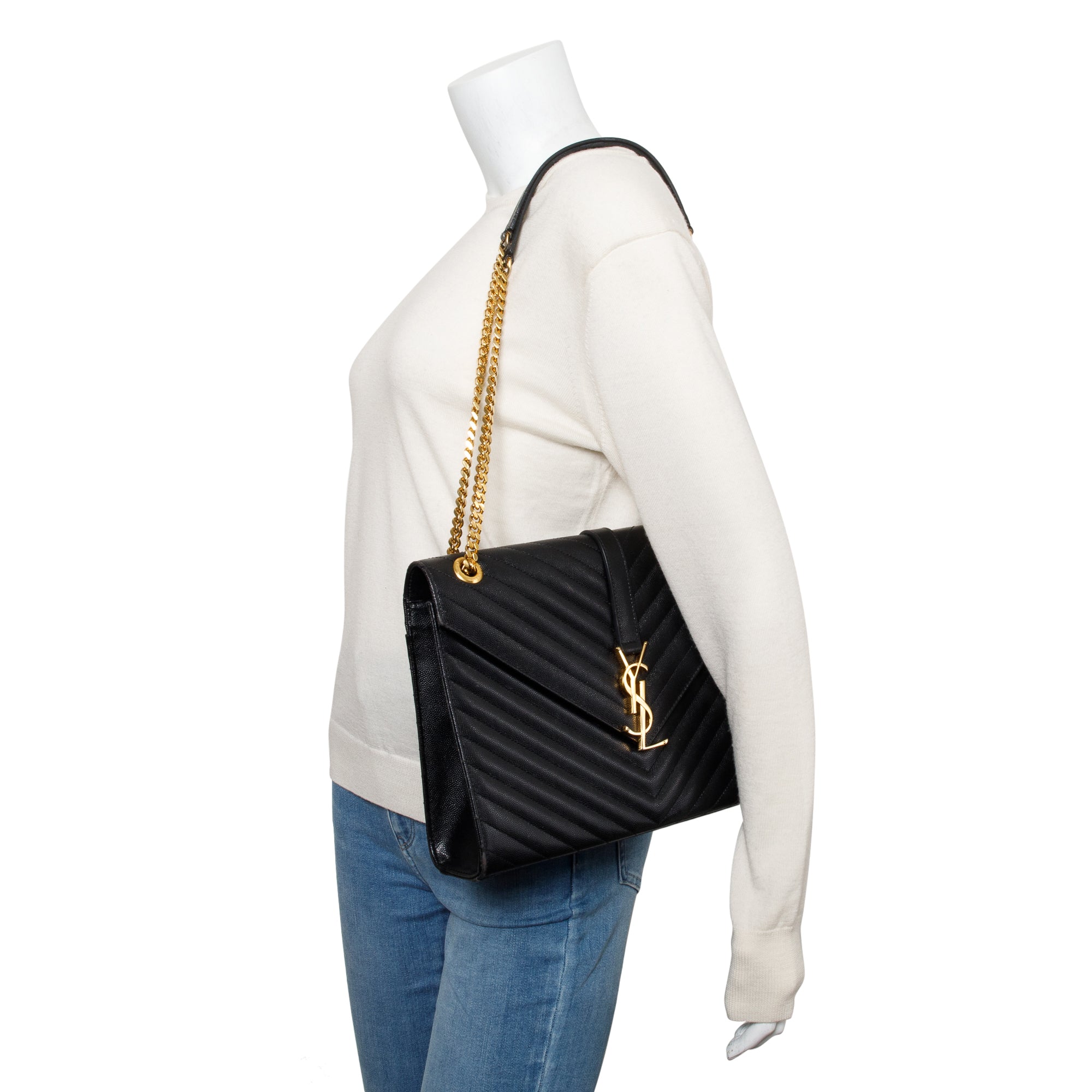 Saint Black Quilted Grain De Poudre Leather Large Envelope Chain Bag