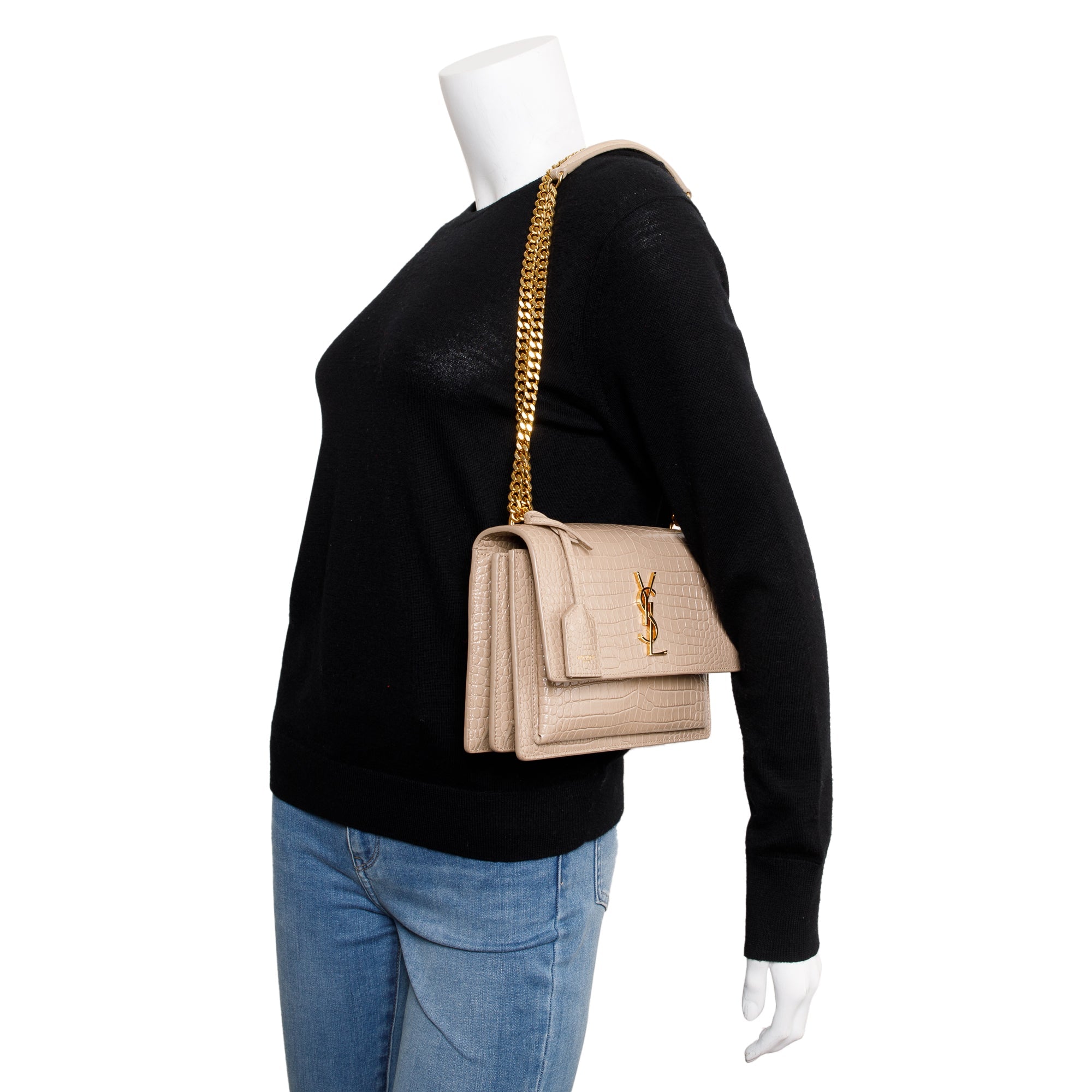 Saint Laurent 2020 Beige Crocodile Embossed Leather Medium Sunset Bag w/ Box