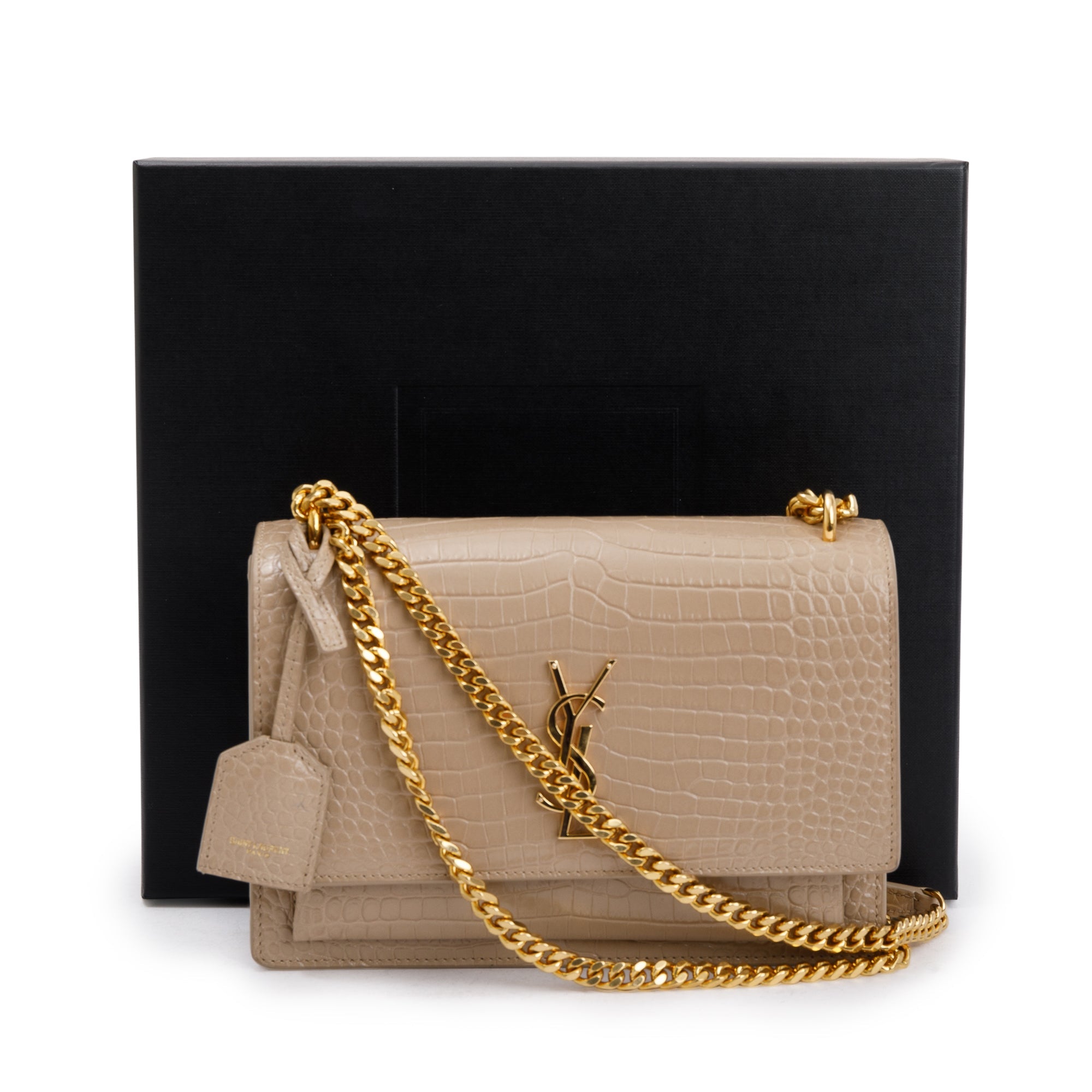 Saint Laurent 2020 Beige Crocodile Embossed Leather Medium Sunset Bag w/ Box