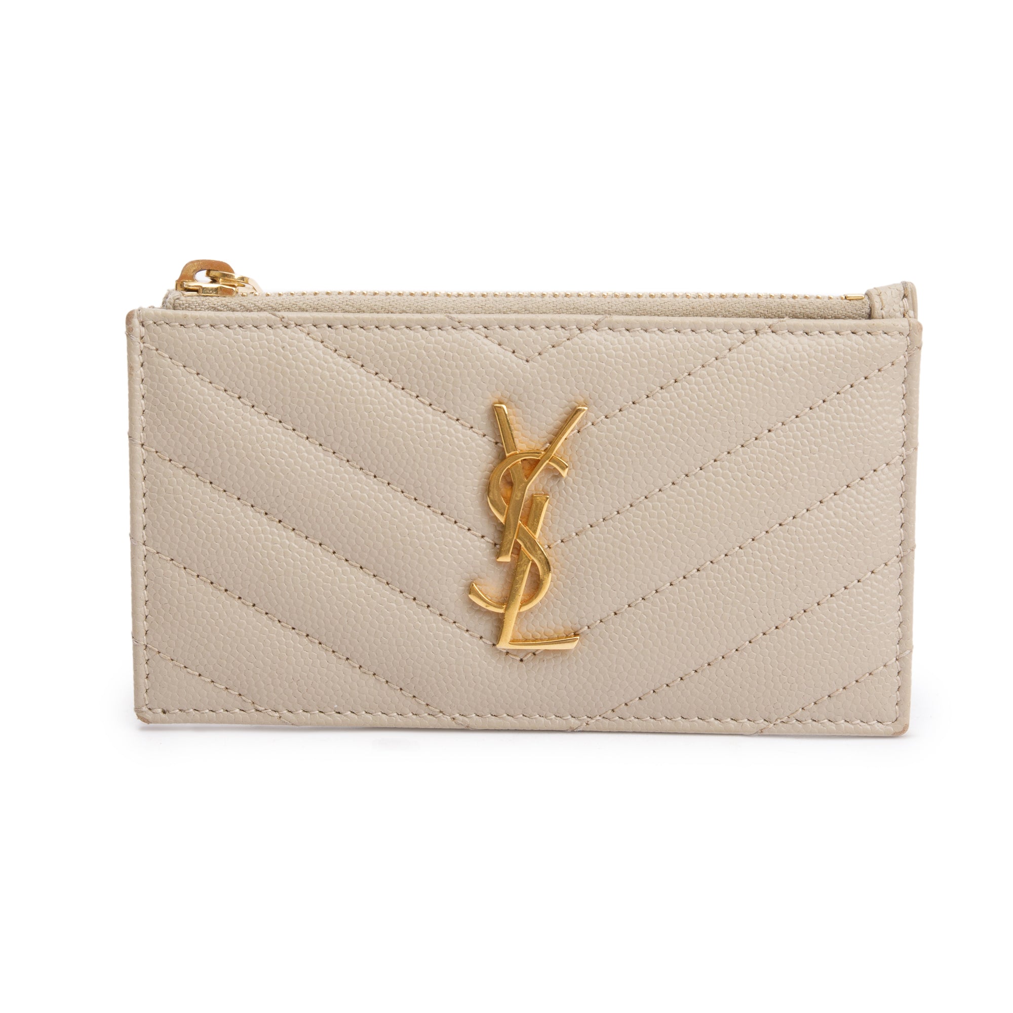 Saint Laurent 2020 Beige Grain De Poudre Embossed Leather Cassandre Matelasse Fragments Zipped Card Case
