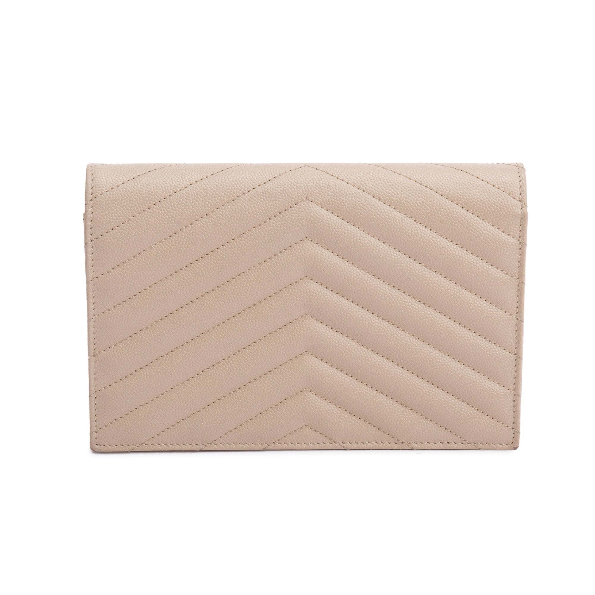 Saint Laurent 2020 Beige Grain De Poudre Leather Cassandre Envelope Chain Wallet w/ Box