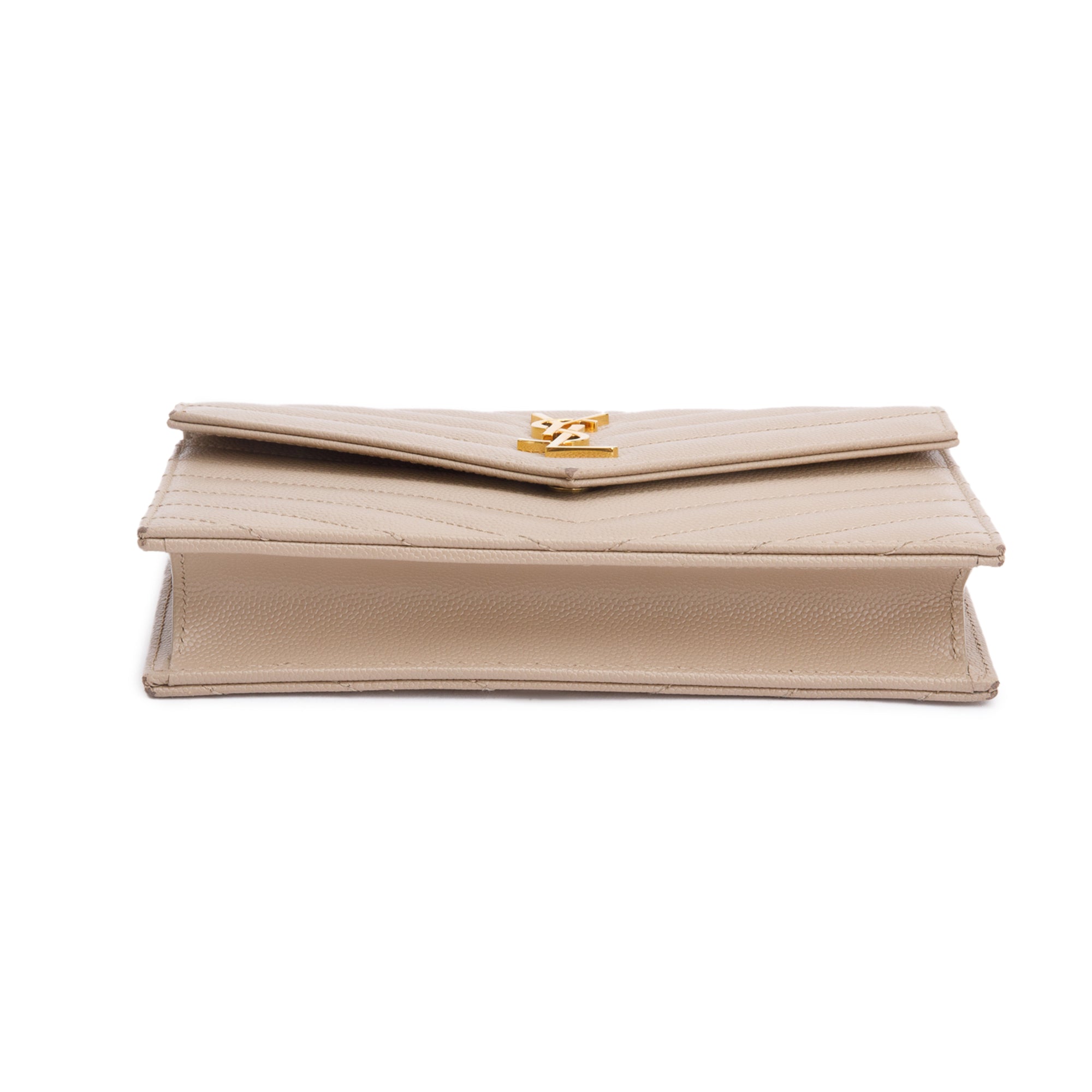 Saint Laurent 2020 Beige Grain De Poudre Leather Cassandre Envelope Chain Wallet w/ Box