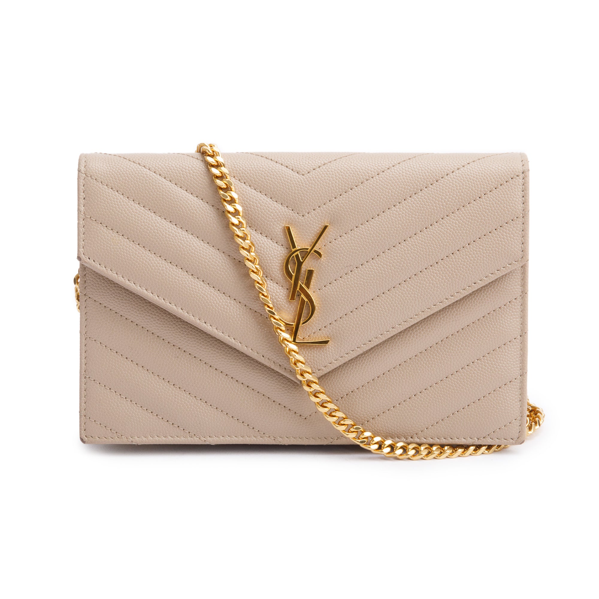 Saint Laurent 2020 Beige Grain De Poudre Leather Cassandre Envelope Chain Wallet w/ Box
