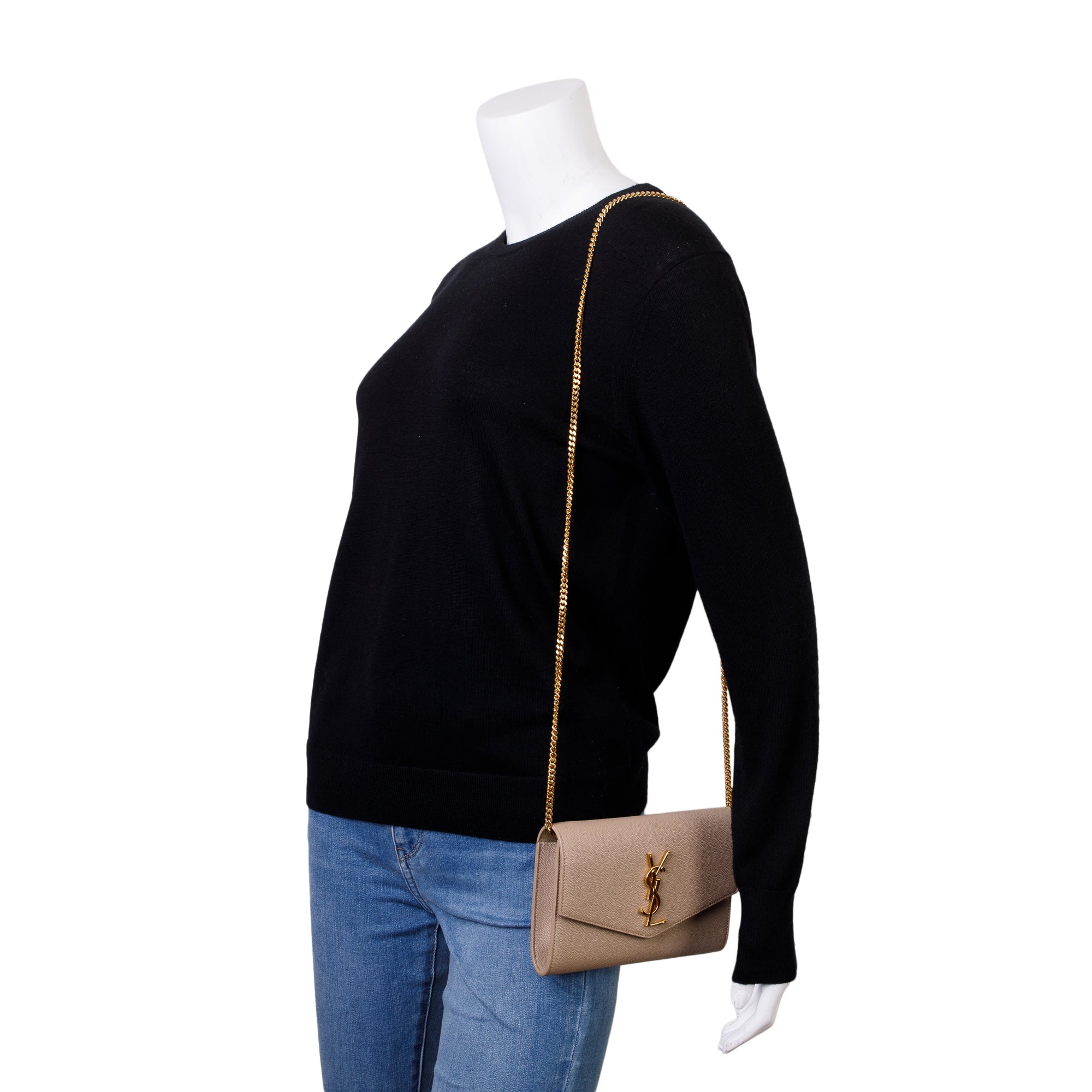 Saint Laurent 2020 Beige Grain De Poudre Leather Uptown Chain Wallet w/ Box