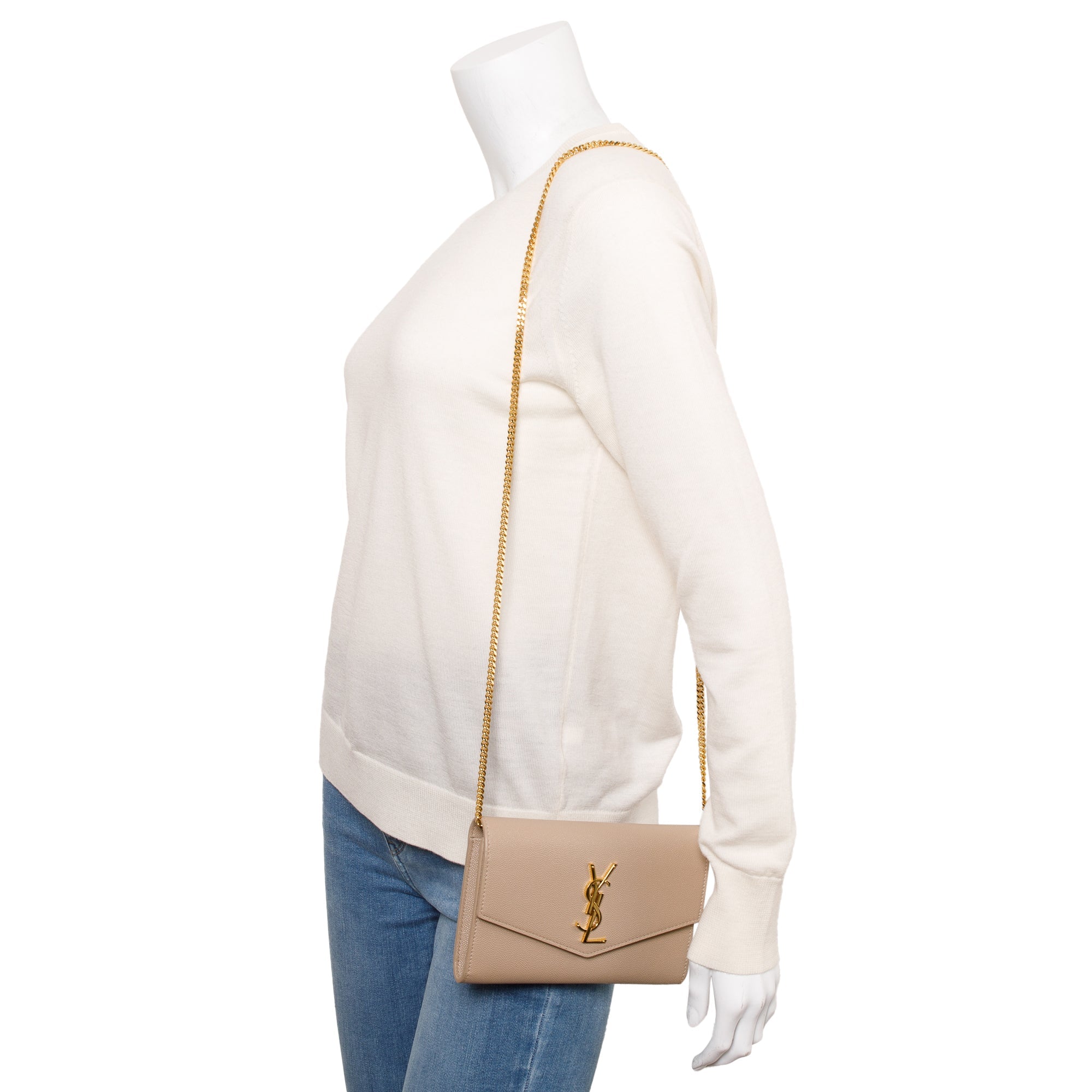 Saint Laurent 2020 Beige Grain De Poudre Leather Uptown Chain Wallet w/ Box & Insert