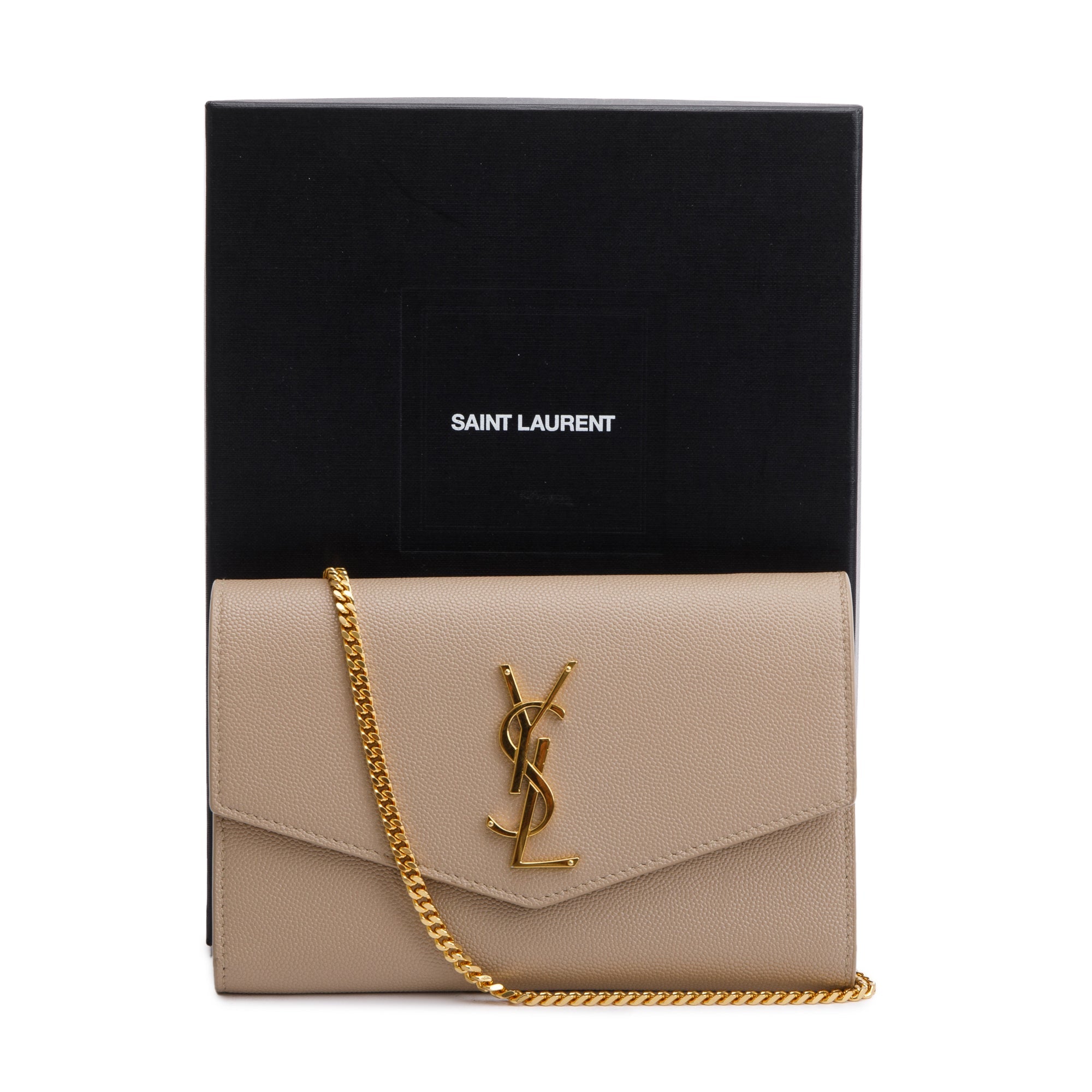 Saint Laurent 2020 Beige Grain De Poudre Leather Uptown Chain Wallet w/ Box & Insert