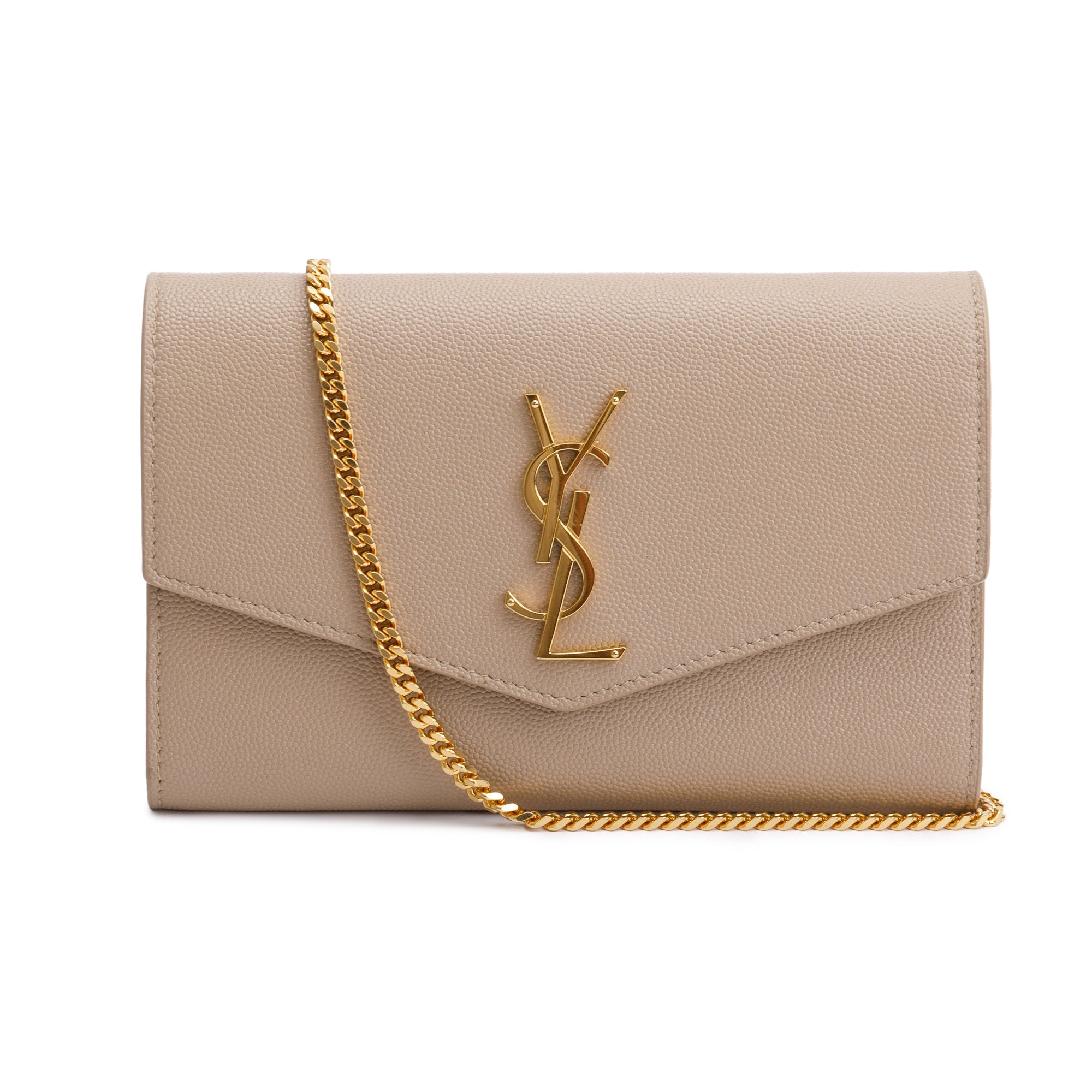Saint Laurent 2020 Beige Grain De Poudre Leather Uptown Chain Wallet w/ Box & Insert