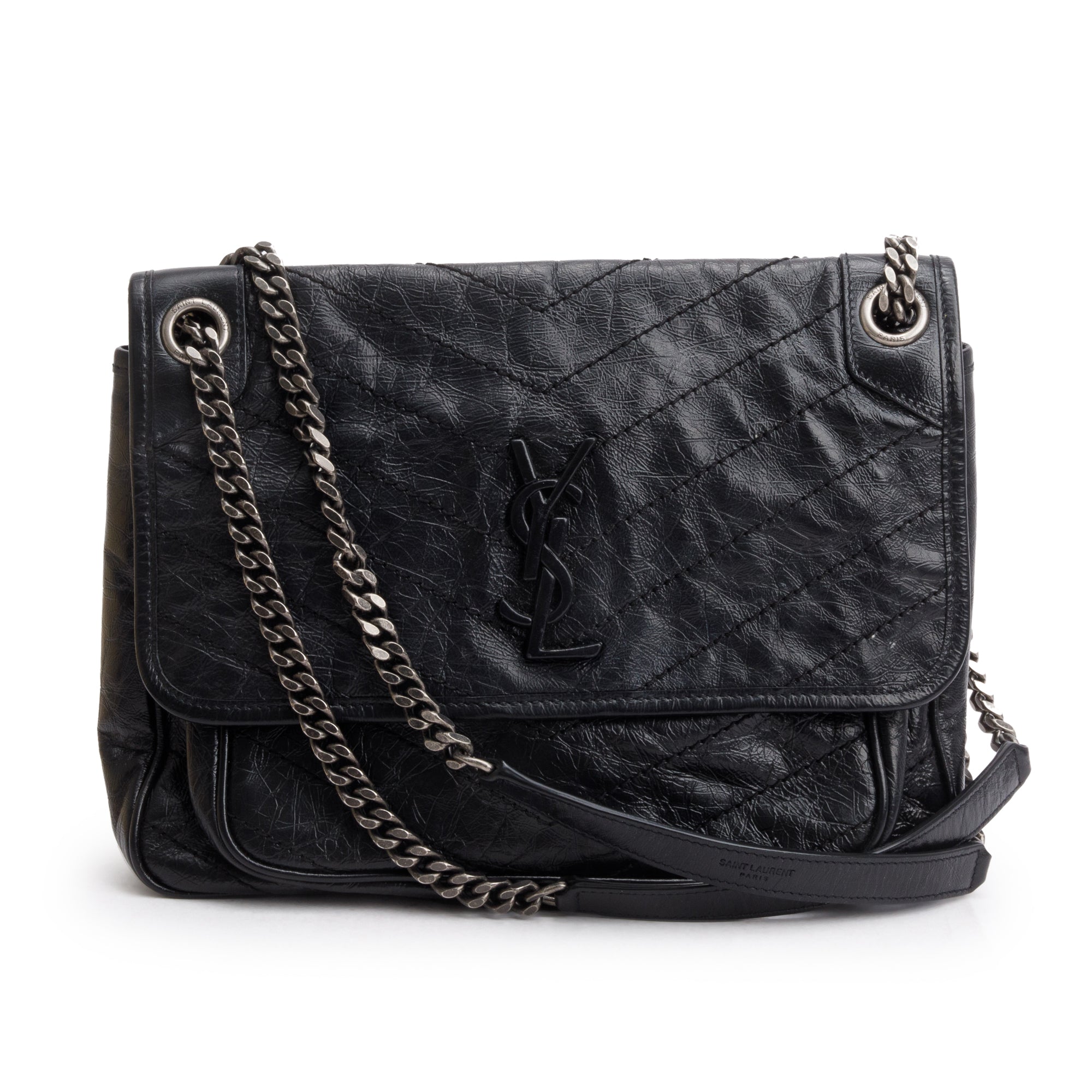 Saint Laurent 2020 Black Crinkled Calfskin Leather Medium Niki Shoulder Bag