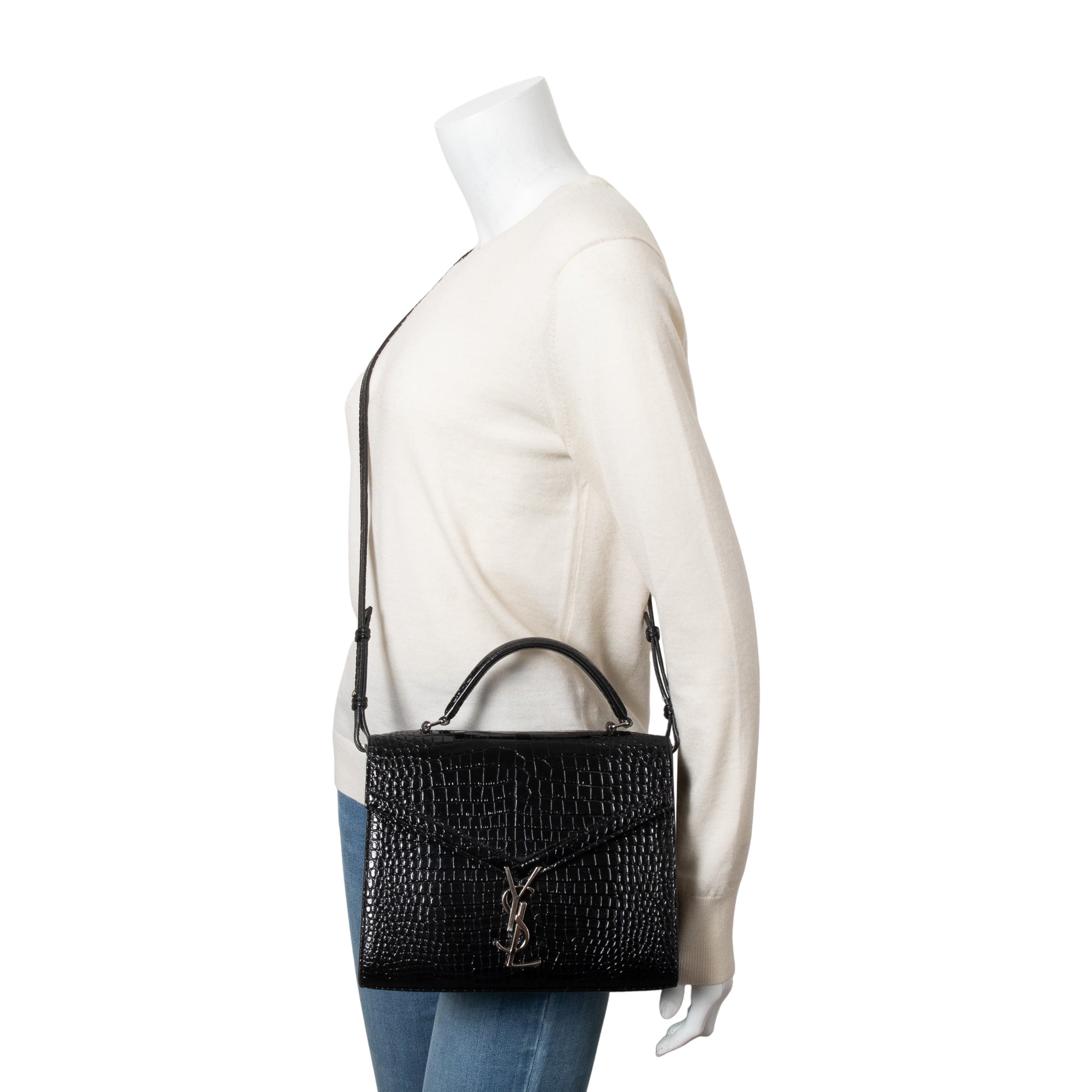 Saint Laurent 2020 Black Croc-Embossed Leather Cassandra Medium Top Handle Bag