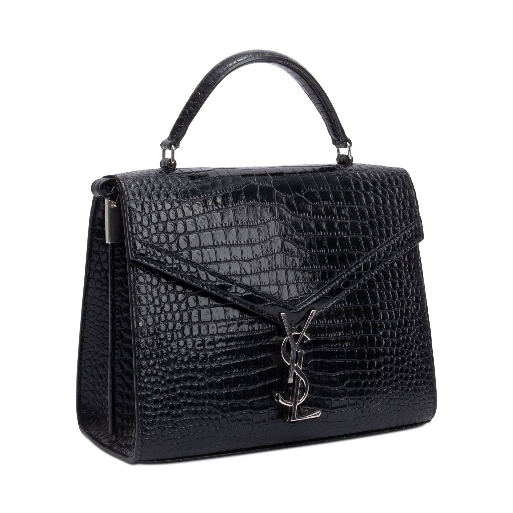 Saint Laurent 2020 Black Croc-Embossed Leather Cassandra Medium Top Handle Bag