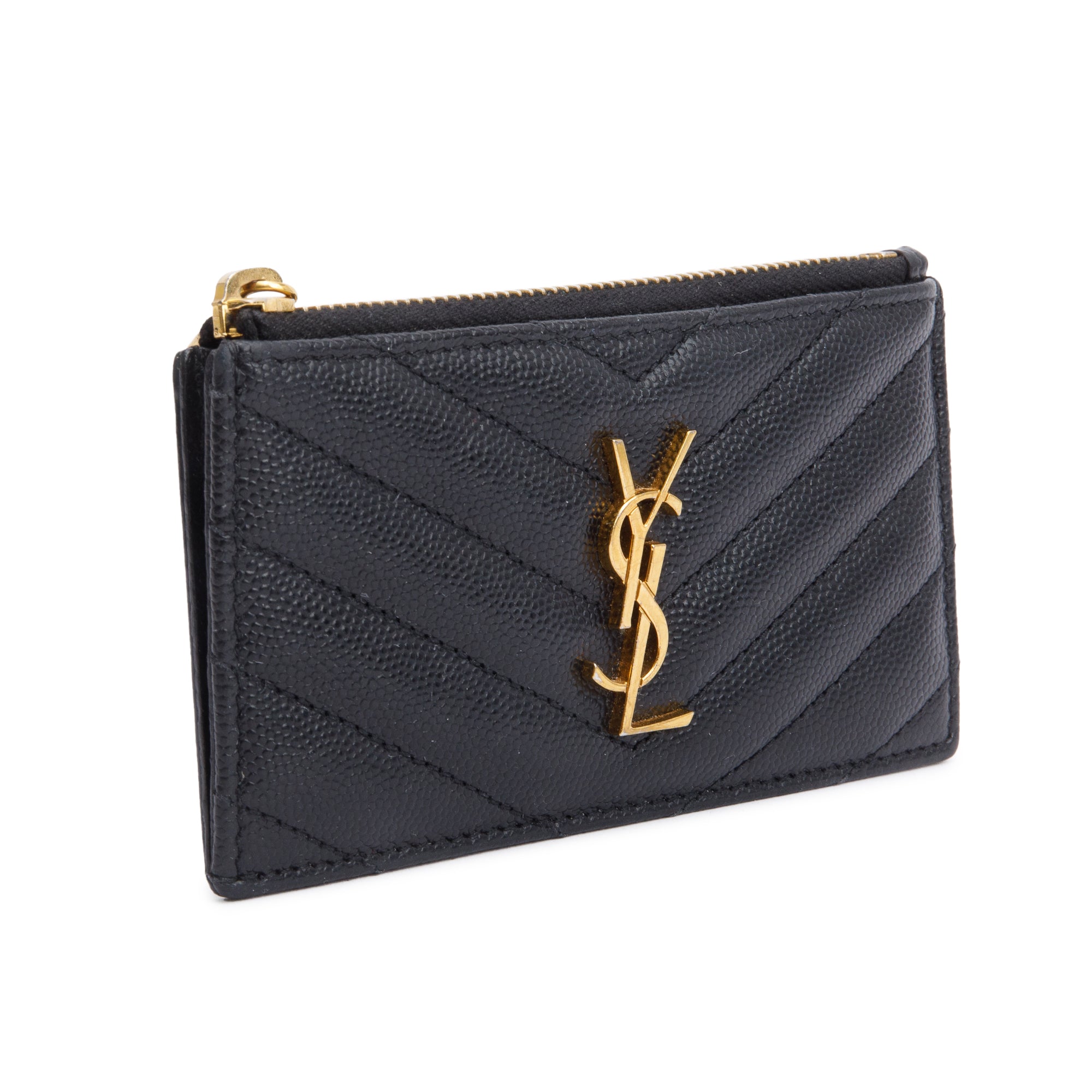 Saint Laurent 2020 Black Grain De Poudre Embossed Leather Cassandre Matelasse Fragments Zipped Card Case w/ Box