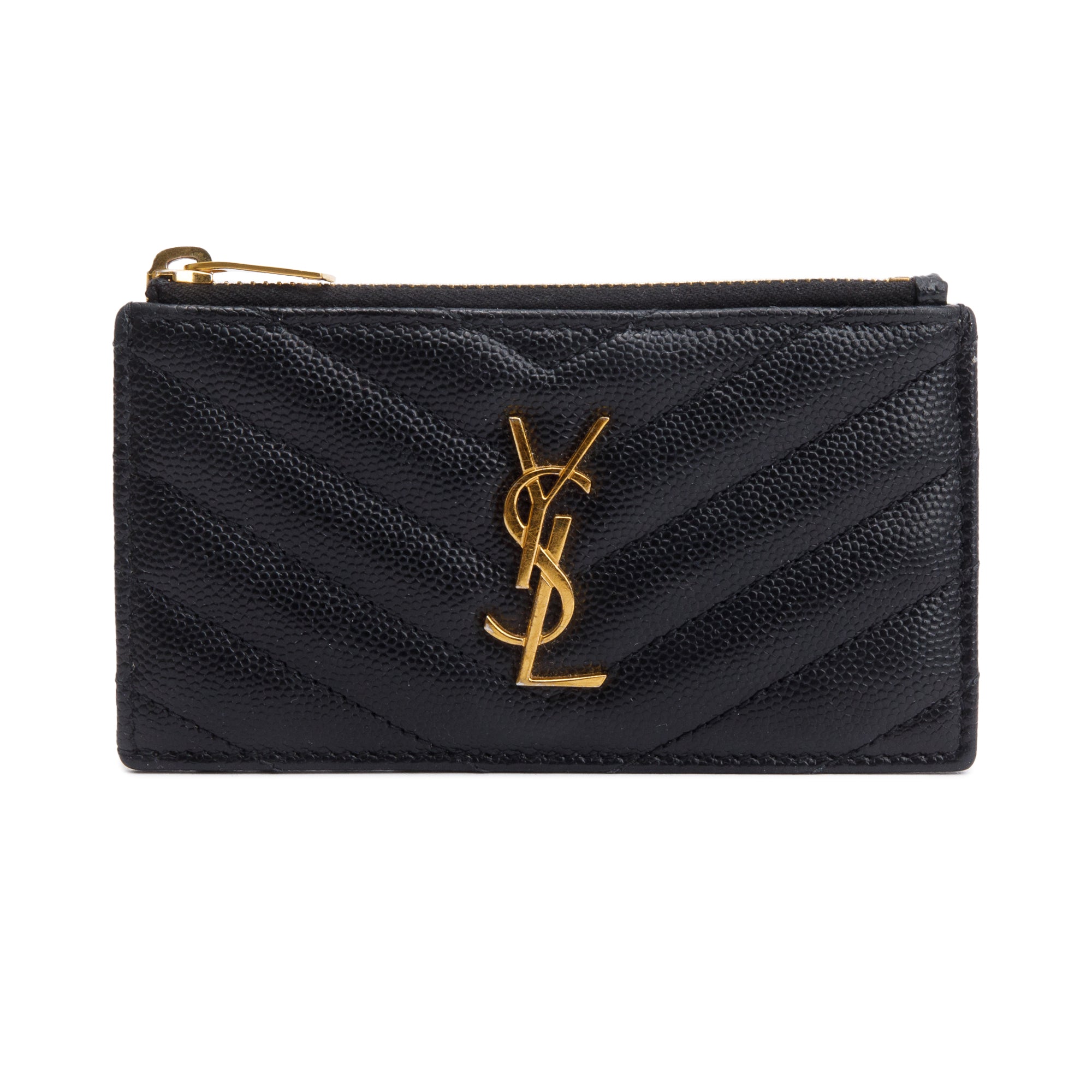 Saint Laurent 2020 Black Grain De Poudre Embossed Leather Cassandre Matelasse Fragments Zipped Card Case w/ Box