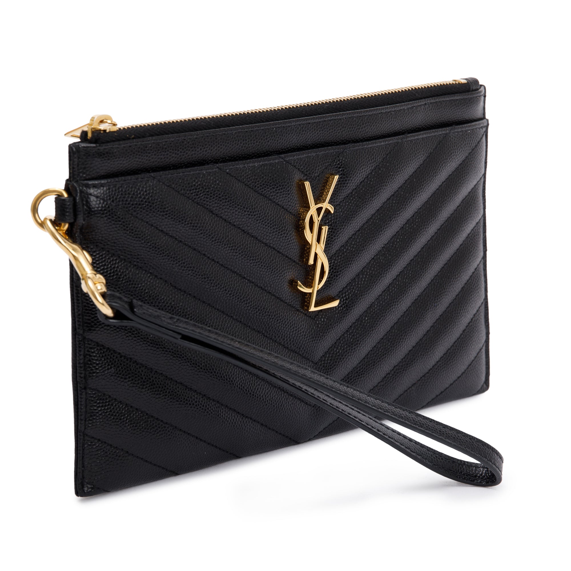 Saint Laurent 2020 Black Grain De Poudre Leather Cassandre Matelasse Large Zipped Pouch