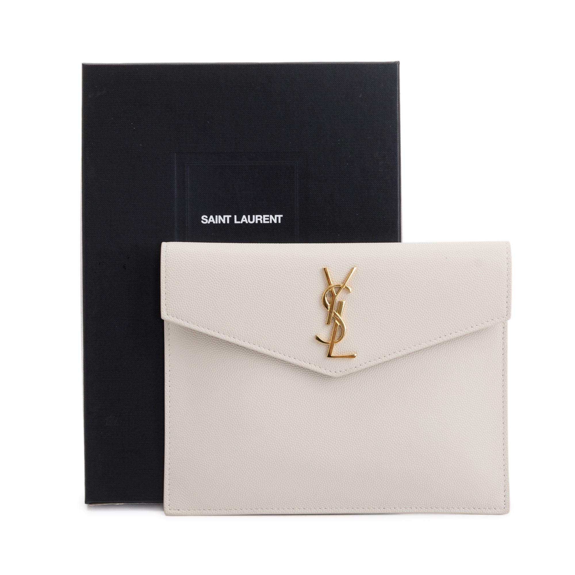 Saint Laurent 2020 Creme Grain de Poudre Monogram Uptown Baby Pouch w/ Box