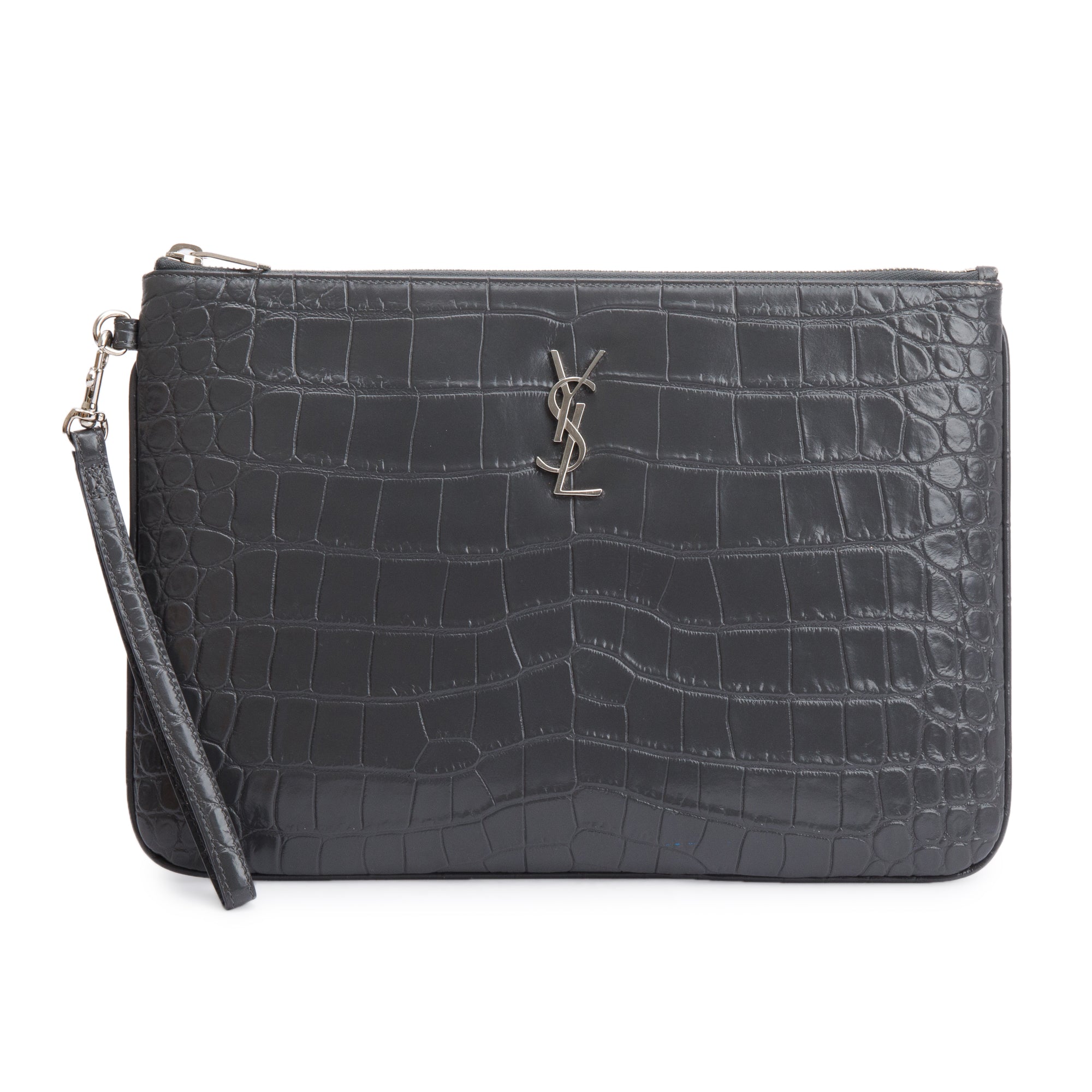 Saint Laurent 2020 Grey Crocodile Embossed Leather Cassandre Tablet Pouch w/ Wrist Strap