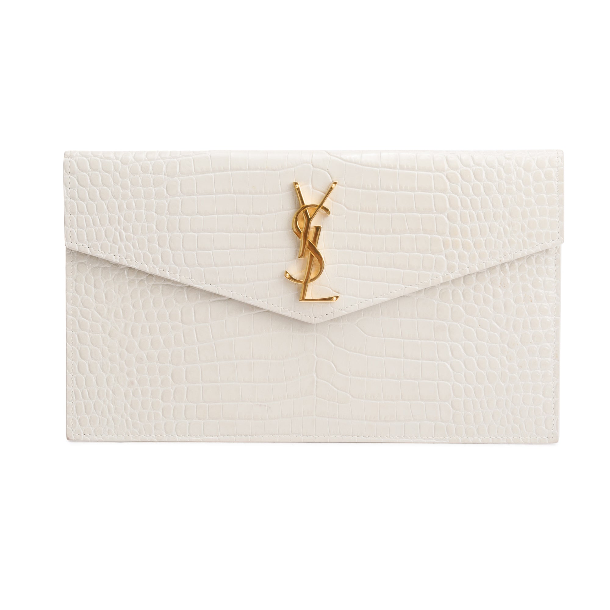 Saint Laurent 2020 Neutral Crocodile-Embossed Leather Uptown Pouch