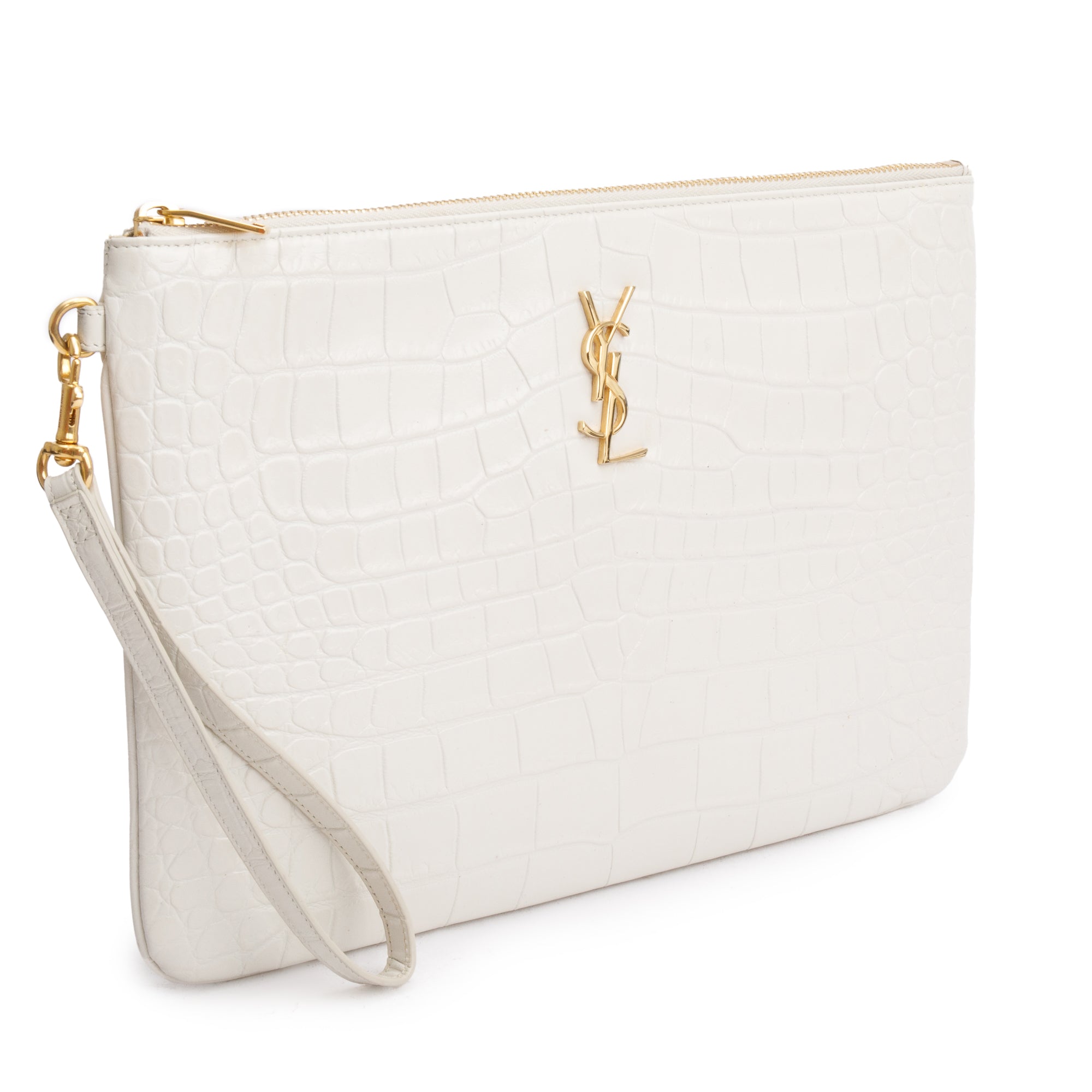 Saint Laurent 2020 White Crocodile Embossed Leather Cassandre Tablet Pouch w/ Wrist Strap