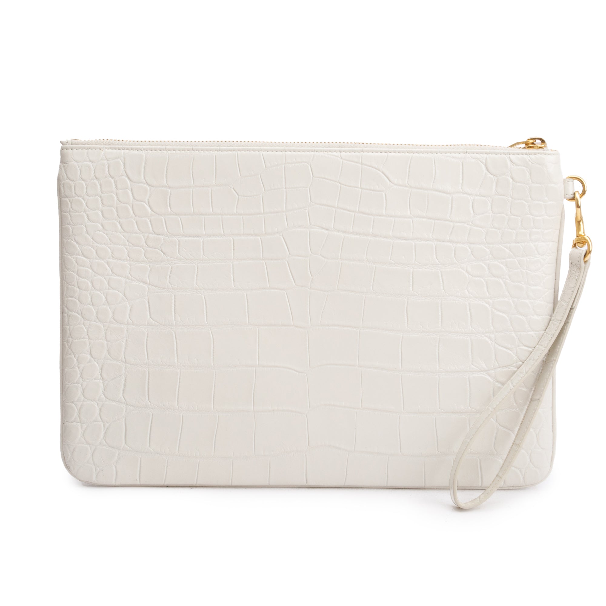 Saint Laurent 2020 White Crocodile Embossed Leather Cassandre Tablet Pouch w/ Wrist Strap