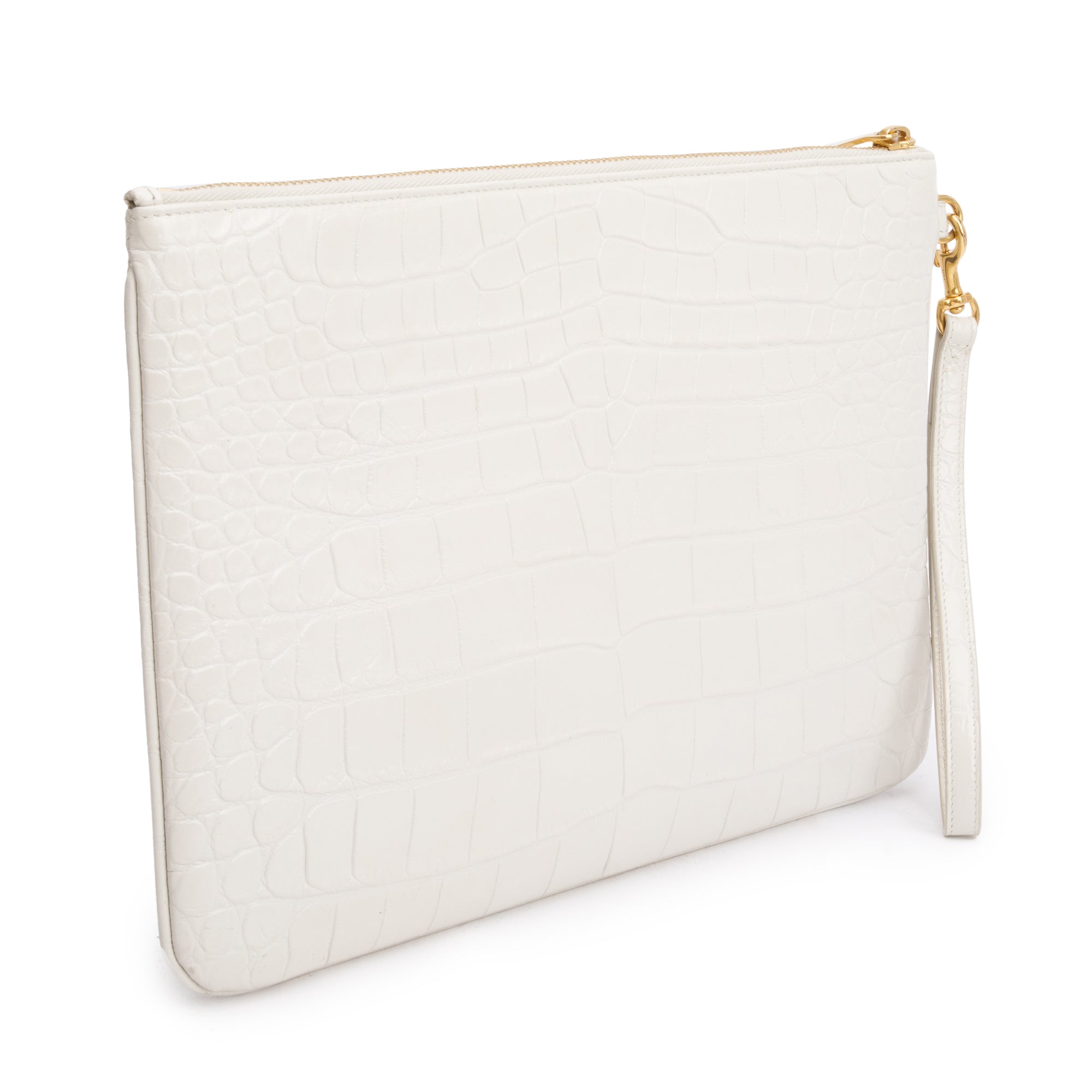 Saint Laurent 2020 White Crocodile Embossed Leather Cassandre Tablet Pouch w/ Wrist Strap
