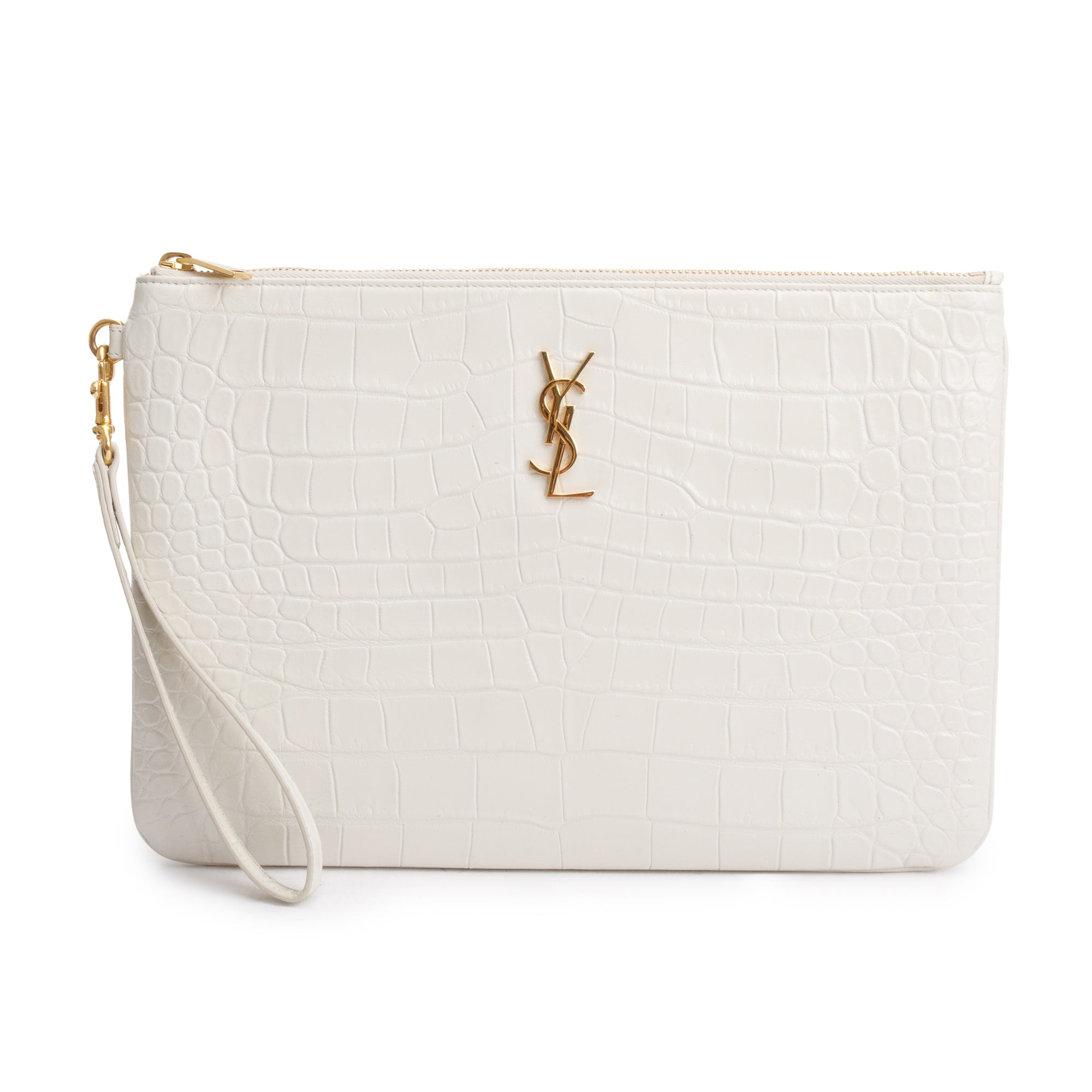 Saint Laurent 2020 White Crocodile Embossed Leather Cassandre Tablet Pouch w/ Wrist Strap