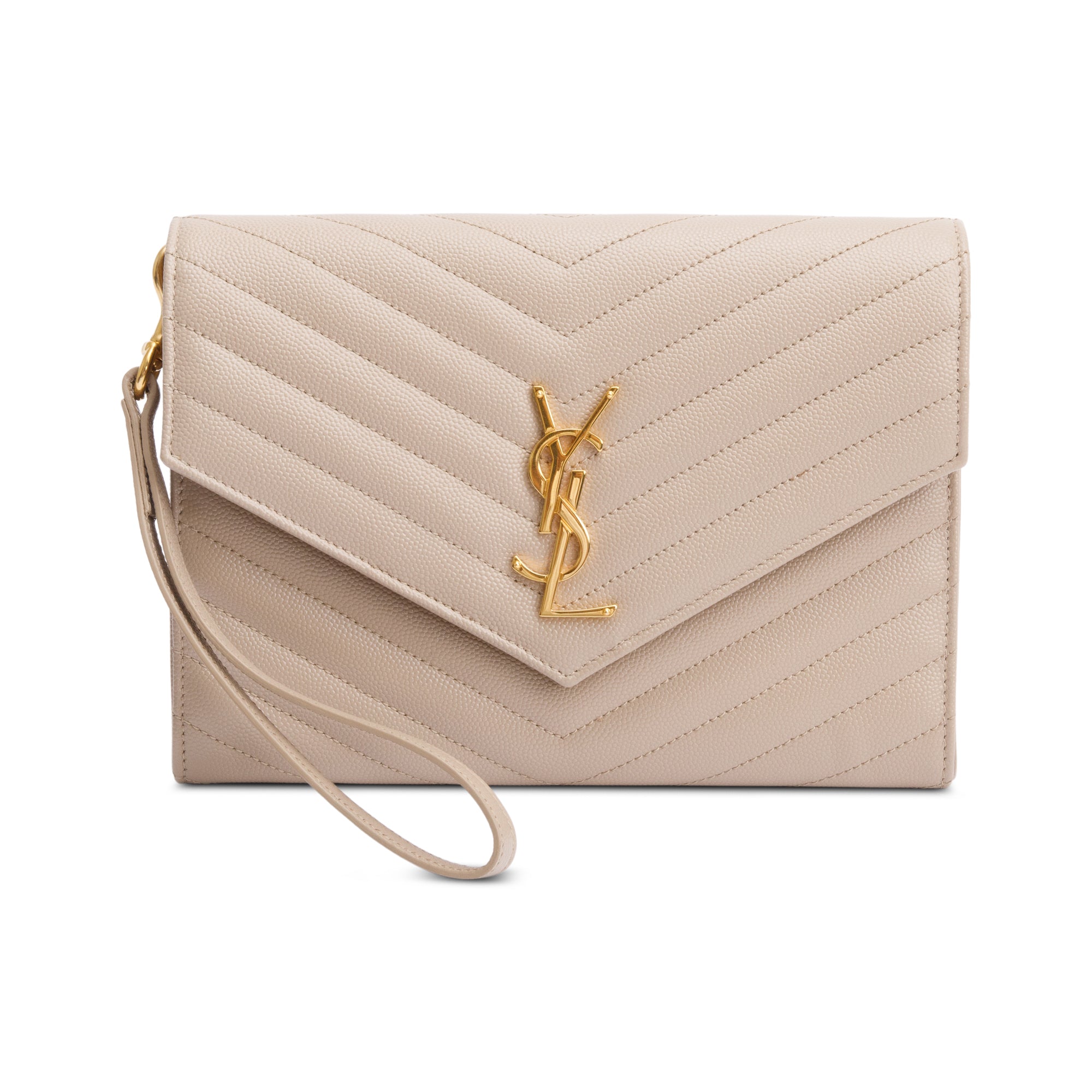 Saint Laurent 2021 Beige Grain de Poudre Matelasse Leather Cassandre Flap Wristlet Pouch