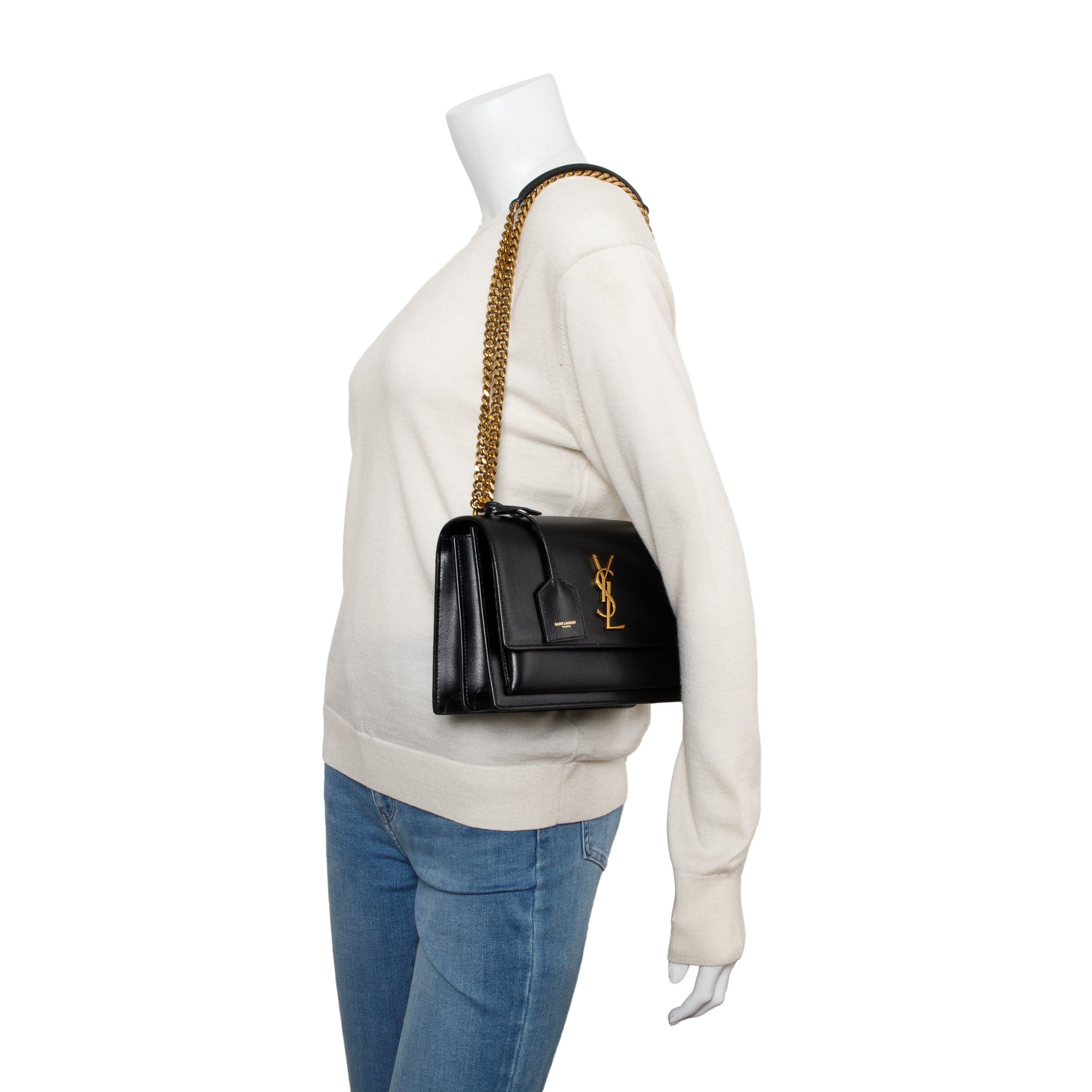 Saint Laurent 2021 Black Calfskin Leather Medium Sunset Shoulder Bag w/ Box