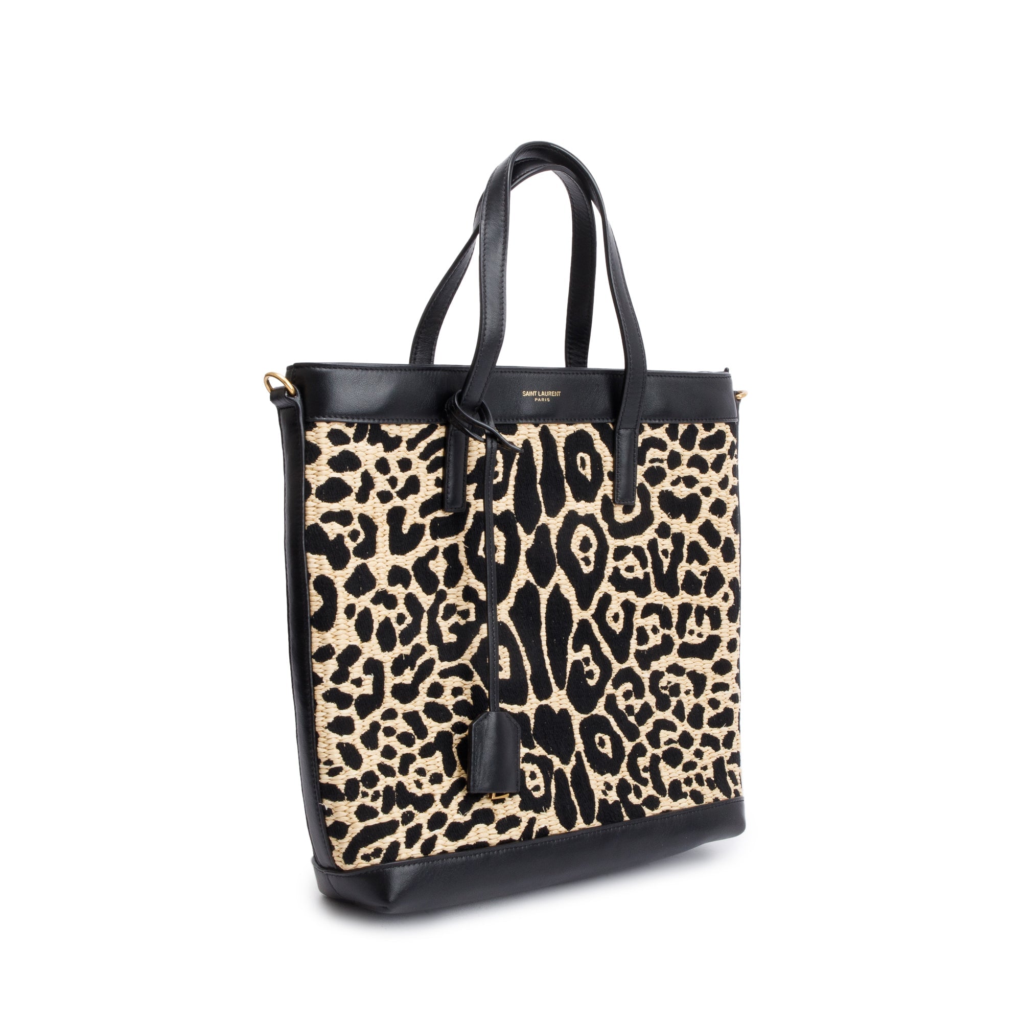 Saint Laurent 2021 Black Calfskin Leather Neutral Jaguar Raffia Toy Shopping Tote w/ Strap