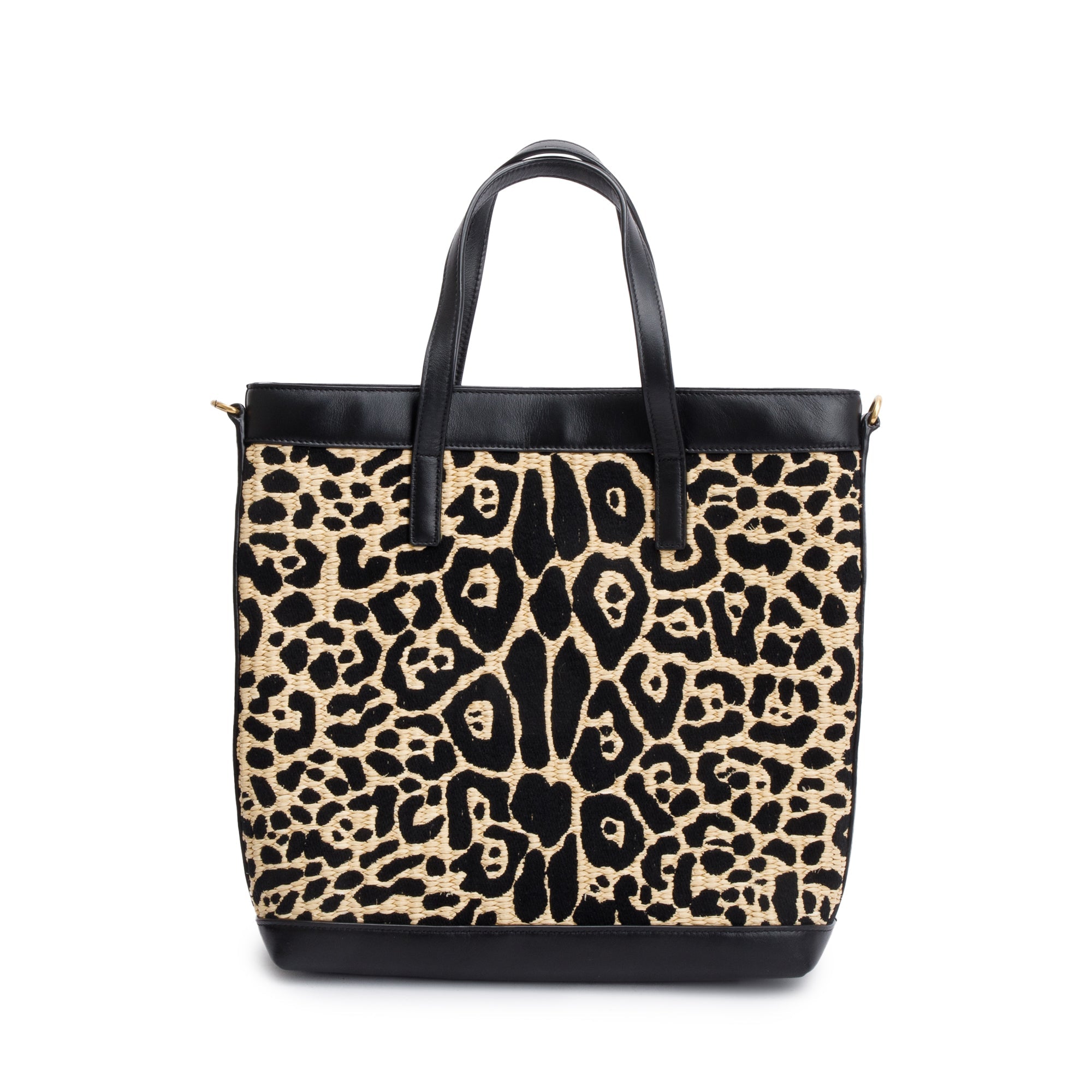 Saint Laurent 2021 Black Calfskin Leather Neutral Jaguar Raffia Toy Shopping Tote w/ Strap