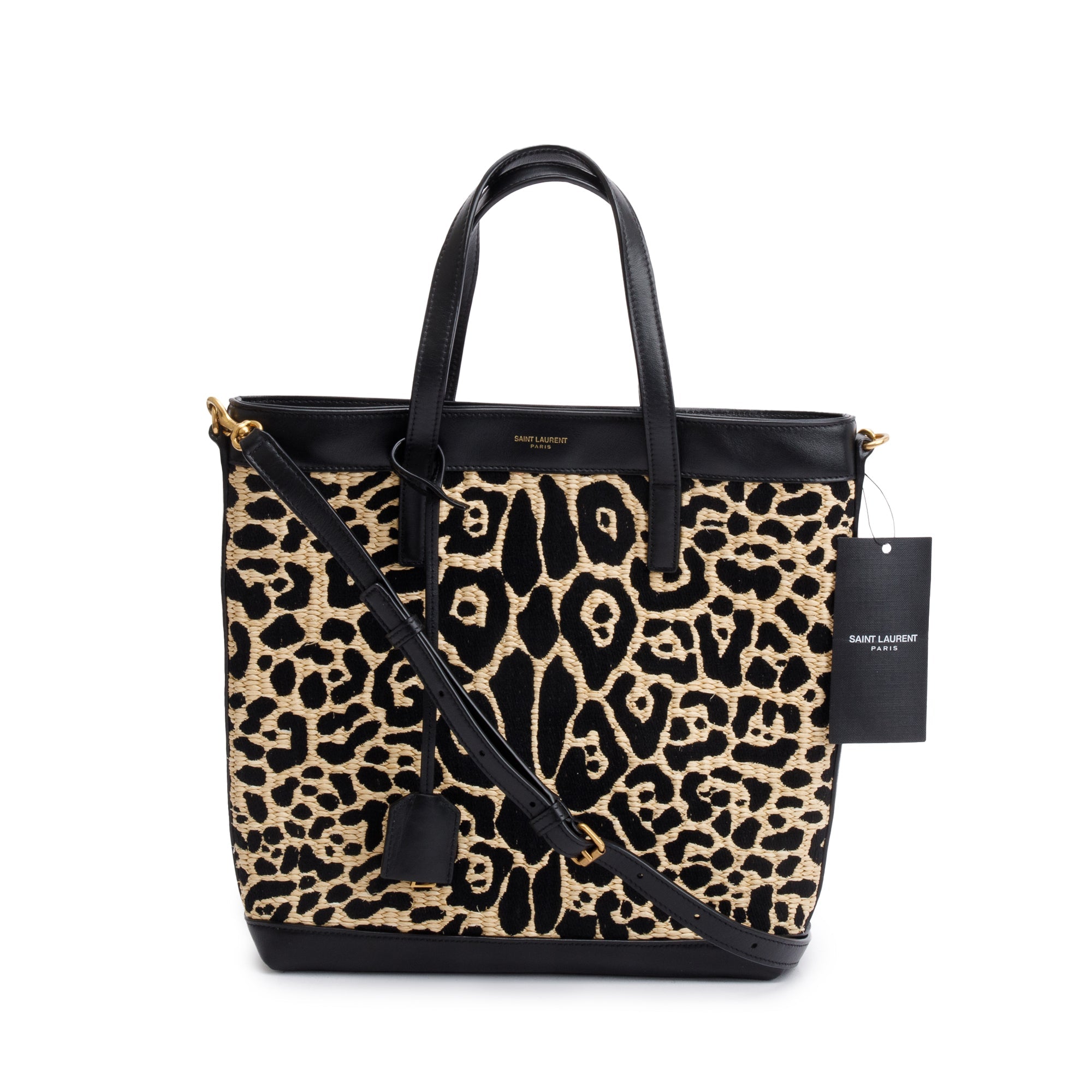 Saint Laurent 2021 Black Calfskin Leather Neutral Jaguar Raffia Toy Shopping Tote w/ Strap