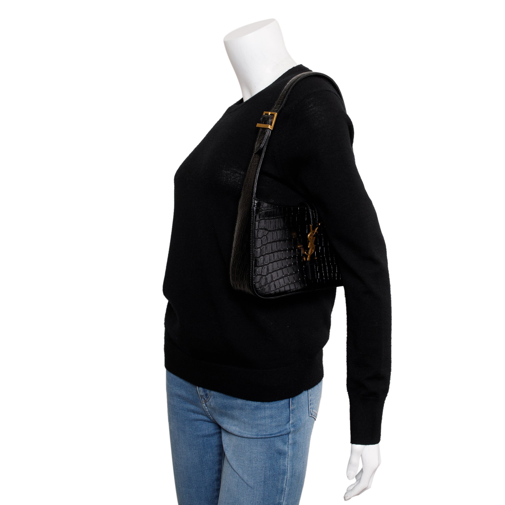 Saint Laurent 2021 Black Croc Embossed Shiny Leather Le 5 A 7 Hobo Bag w/ Receipt