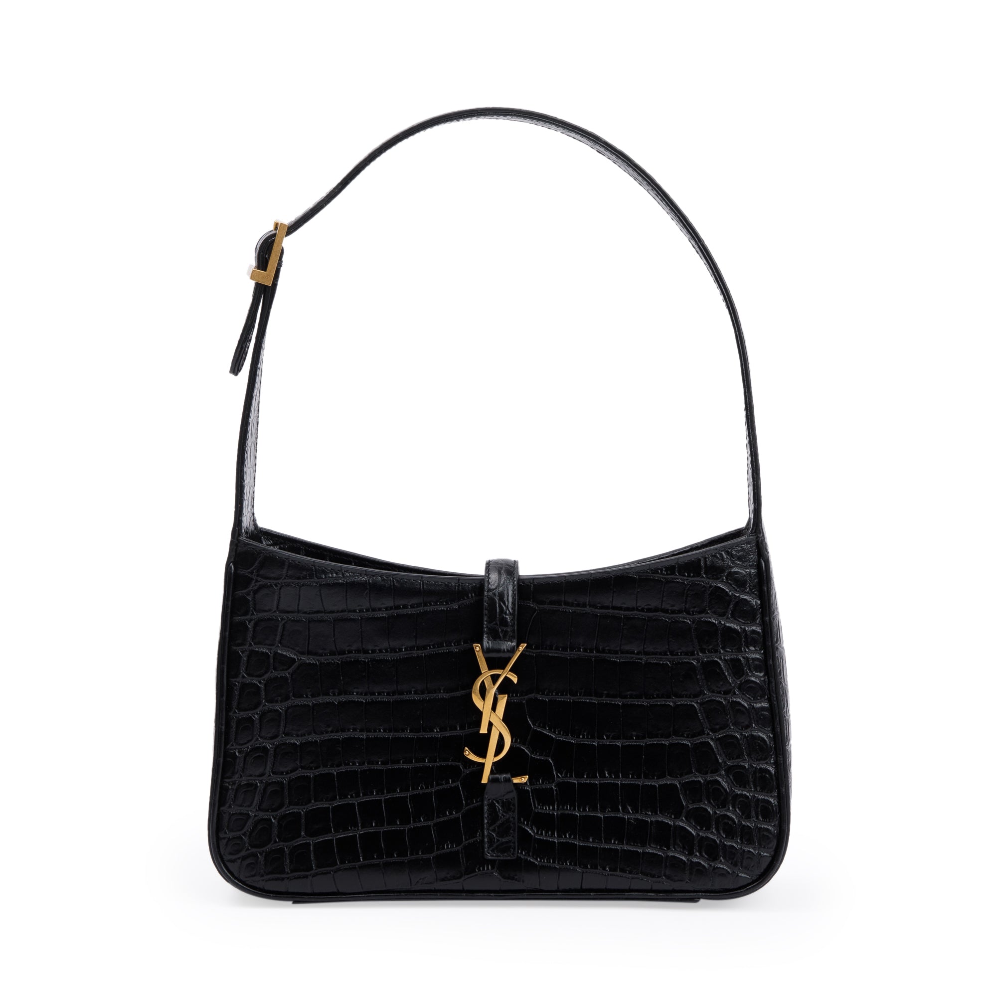 Saint Laurent 2021 Black Croc Embossed Shiny Leather Le 5 A 7 Hobo Bag w/ Receipt