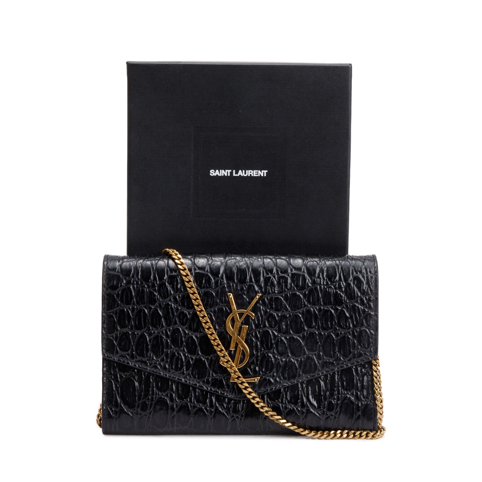 Saint Laurent 2021 Black Crocodile Embossed Leather Uptown Chain Wallet w/ Box