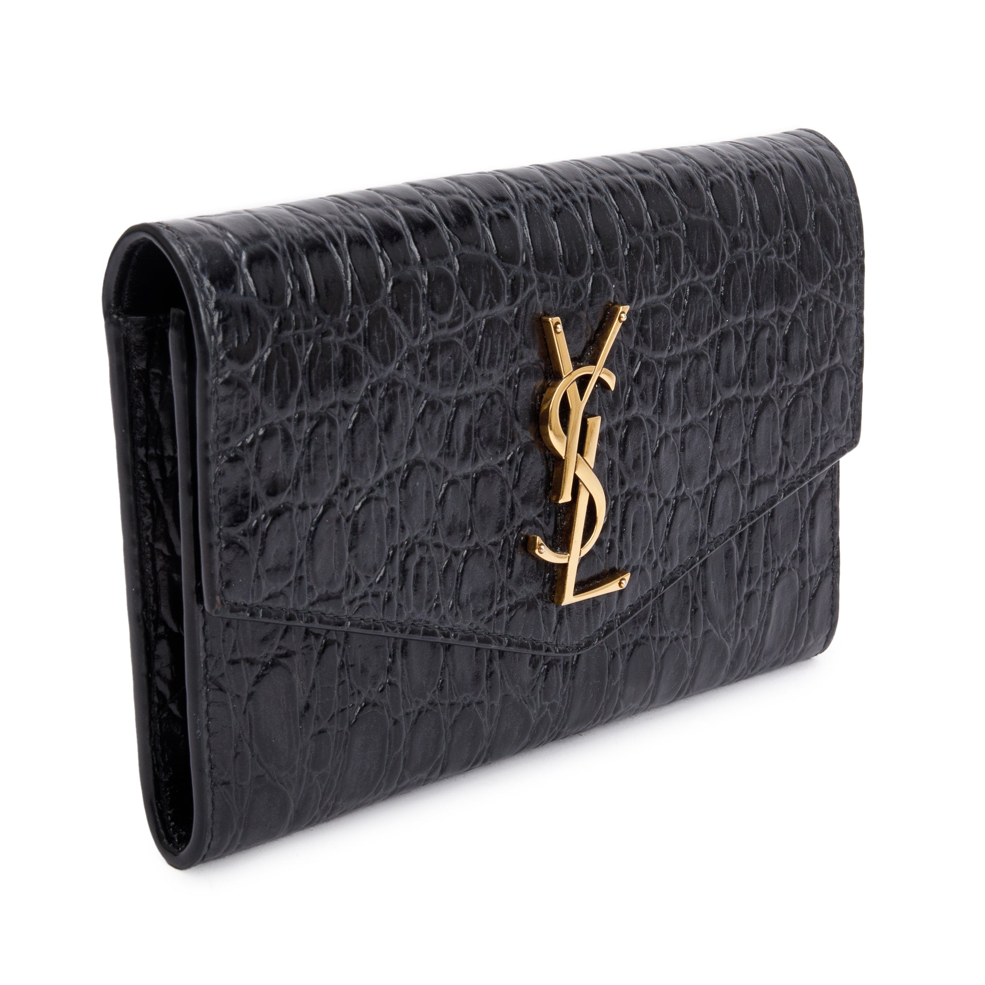 Saint Laurent 2021 Black Crocodile Embossed Leather Uptown Chain Wallet w/ Box