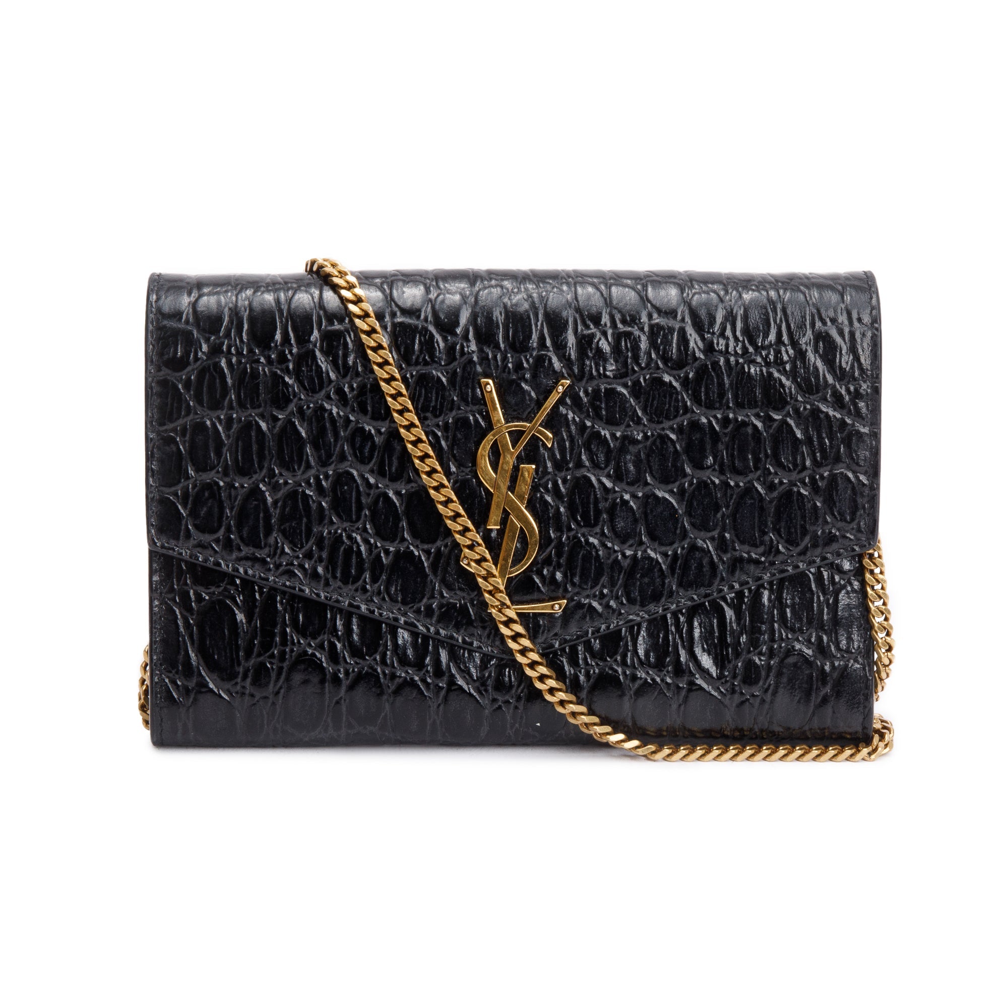 Saint Laurent 2021 Black Crocodile Embossed Leather Uptown Chain Wallet w/ Box