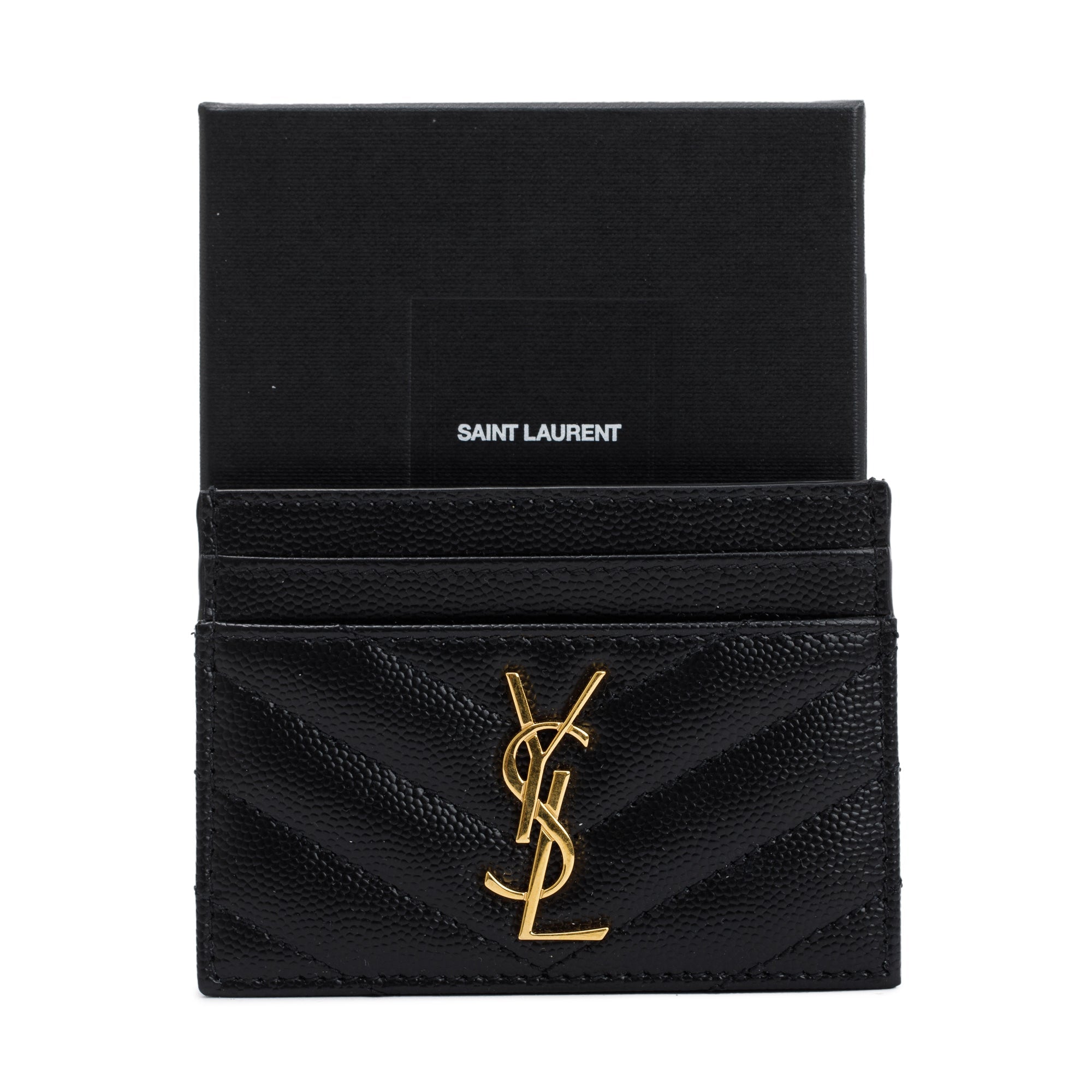 Saint Laurent 2021 Black Grain De Poudre Leather Cassandre Matelasse Card Case w/ Box