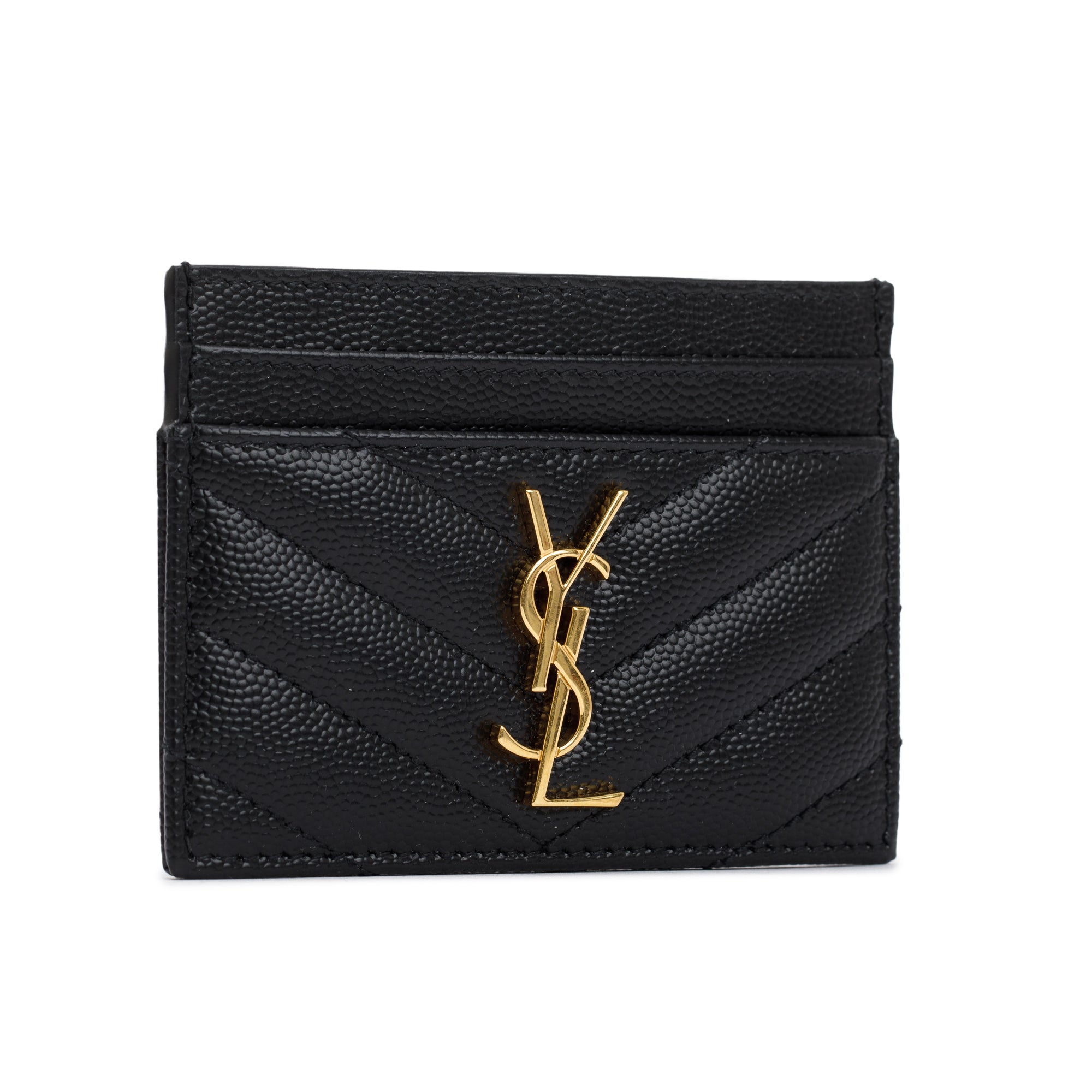 Saint Laurent 2021 Black Grain De Poudre Leather Cassandre Matelasse Card Case w/ Box
