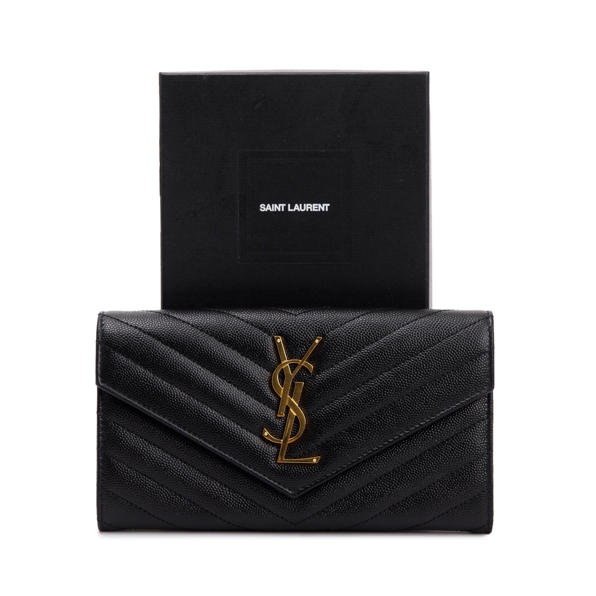 Saint Laurent 2021 Black Grain De Poudre Leather Cassandre Matelasse Large Flap Wallet w/ Box