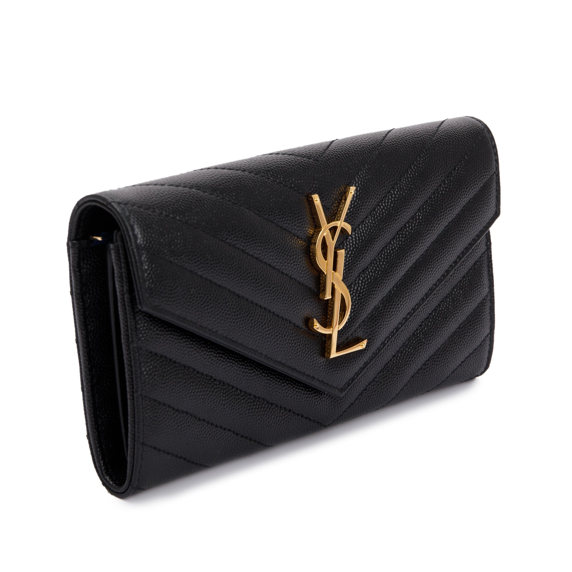 Saint Laurent 2021 Black Grain De Poudre Leather Cassandre Matelasse Large Flap Wallet w/ Box