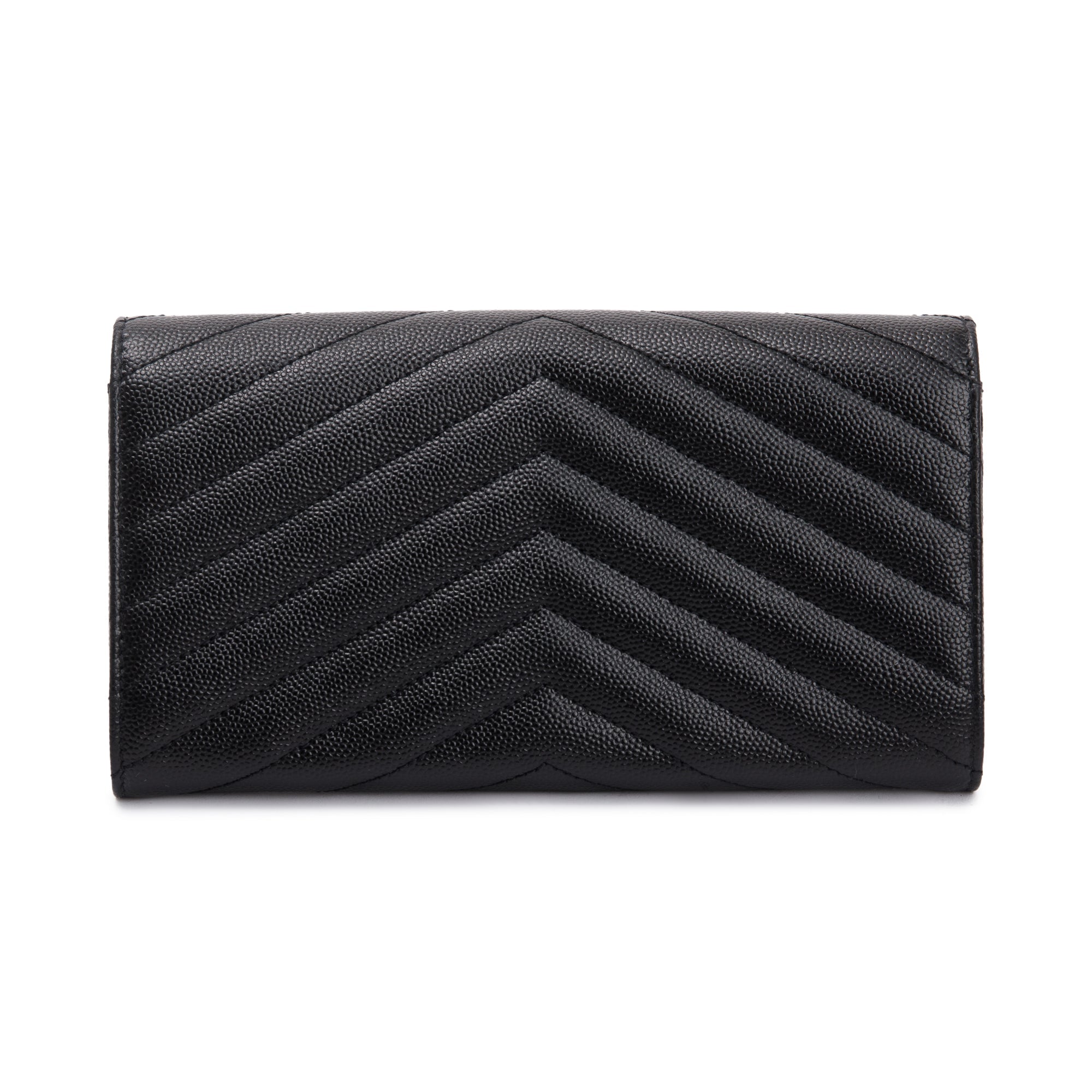 Saint Laurent 2021 Black Grain De Poudre Leather Cassandre Matelasse Large Flap Wallet w/ Box